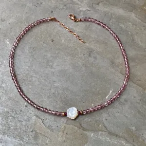 Mother of Pearl Rose Choker Necklace on Pink Amethyst & 14 kt Rose Gf