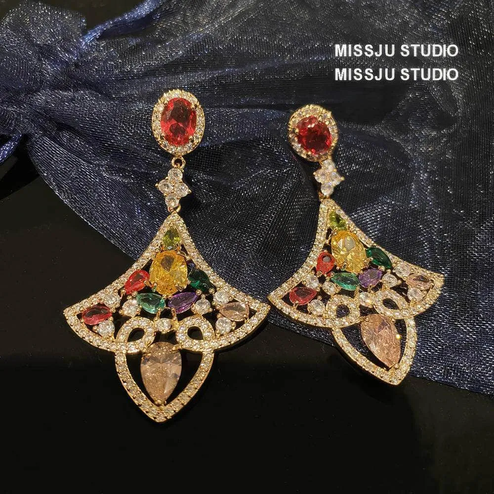 Multi Gemstone Bold Geometric Scalloped Dangle Earrings