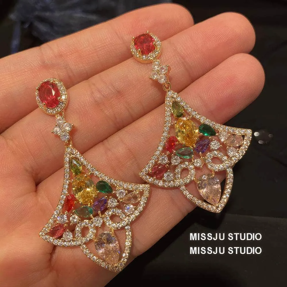 Multi Gemstone Bold Geometric Scalloped Dangle Earrings