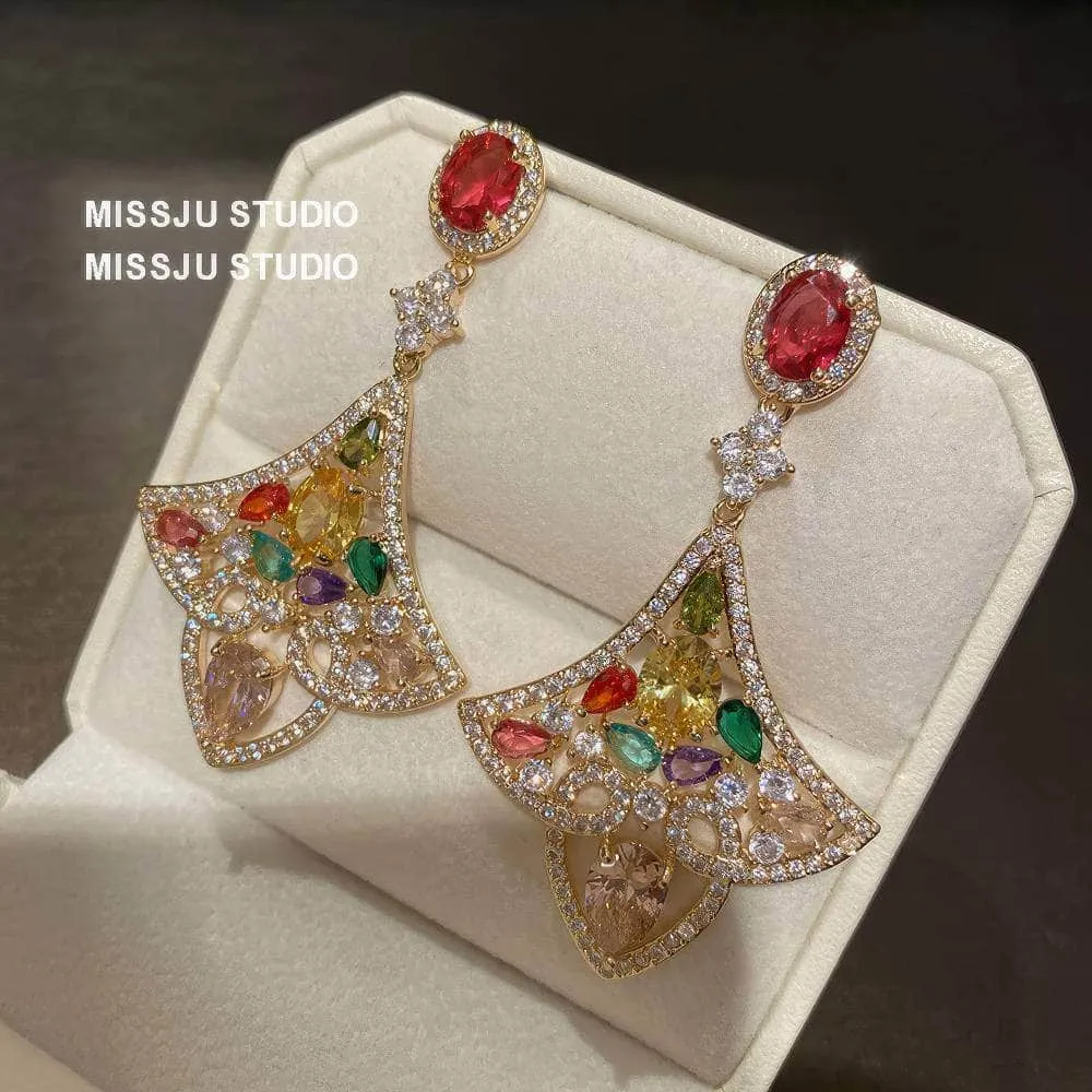 Multi Gemstone Bold Geometric Scalloped Dangle Earrings
