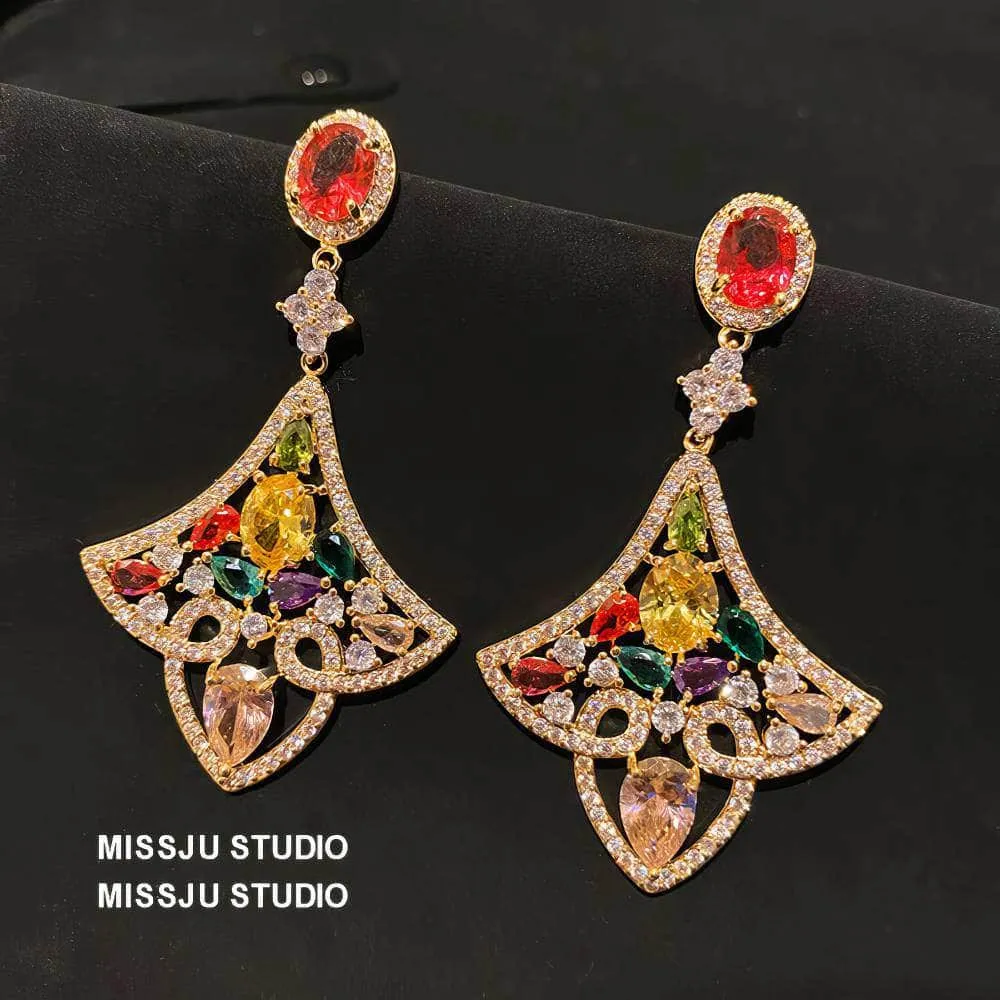 Multi Gemstone Bold Geometric Scalloped Dangle Earrings