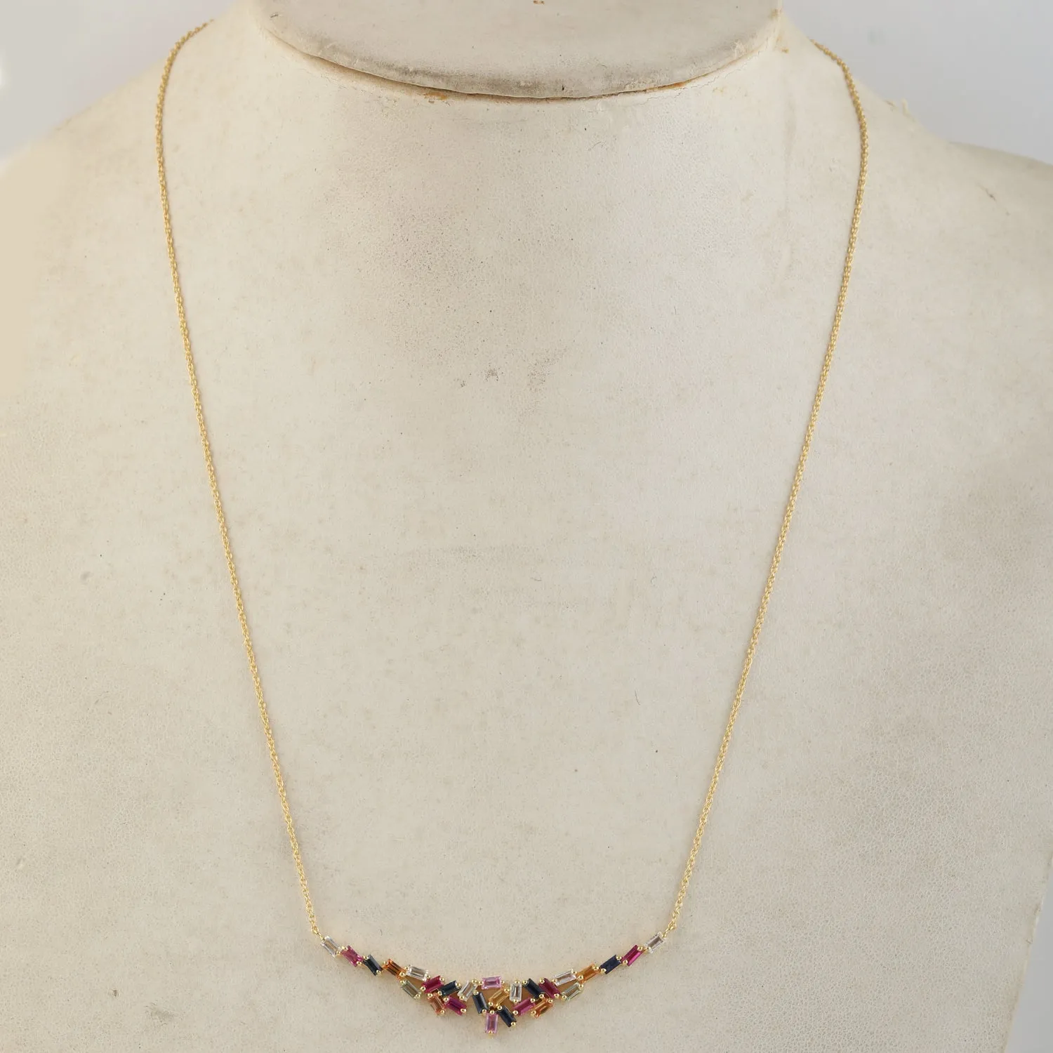 Multicolor Baguette Sapphire Dainty Chain Choker Jewelry In 18k Yellow Gold