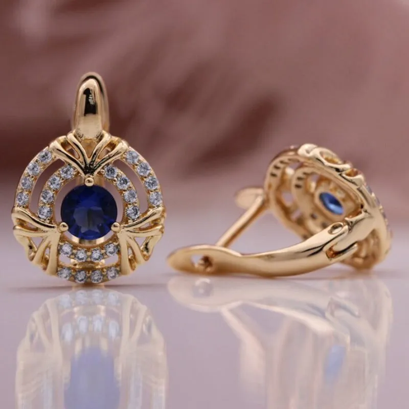 Natural Dark Blue Sapphire Drop Earrings Women 585 Rose Gold Jewelry