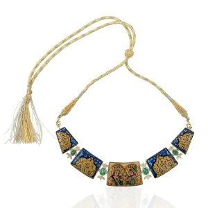 Natural MOP Emerald Diamond Picture Enamel Choker Necklace In Gold On Sale For Her