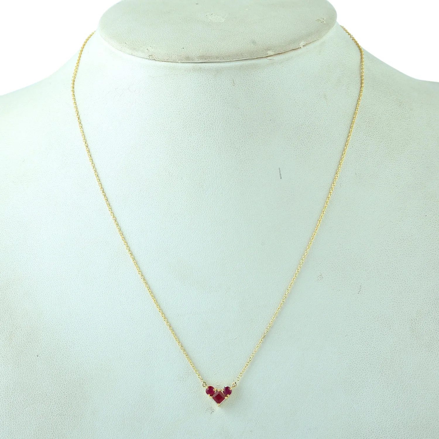 Natural Ruby Three Stone Heart Pendant In 14k Yellow Gold Chain Necklace