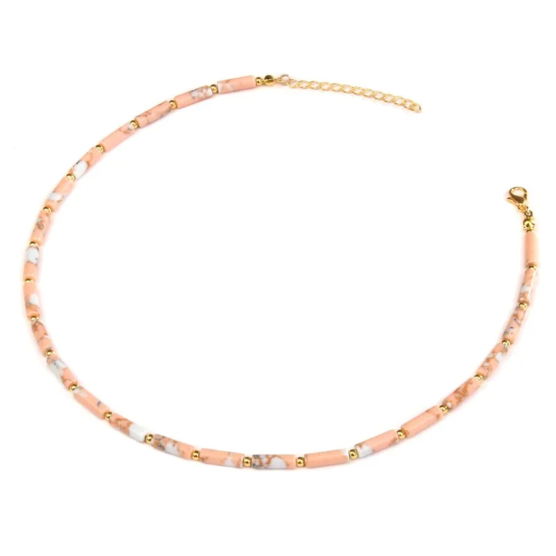 Natural Stone Cylinder Beads Necklace Gold Chain