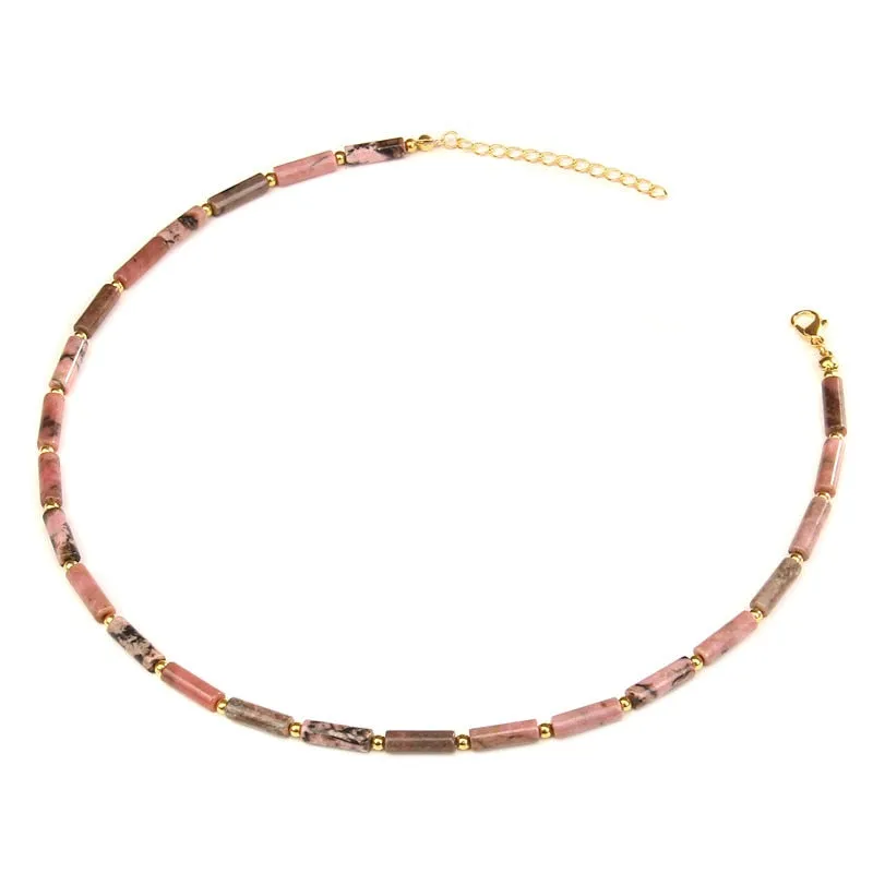 Natural Stone Cylinder Beads Necklace Gold Chain