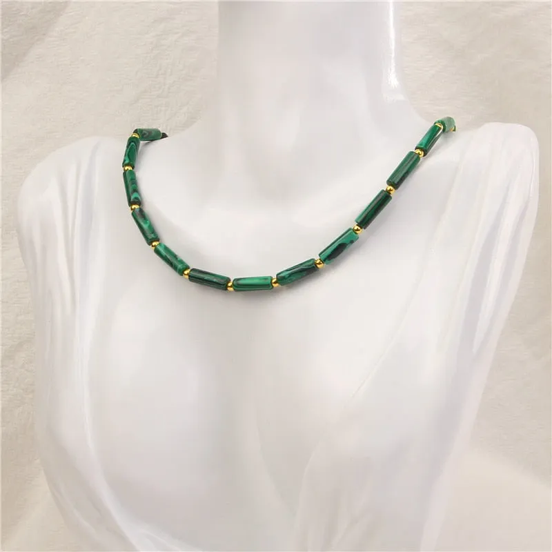 Natural Stone Cylinder Beads Necklace Gold Chain