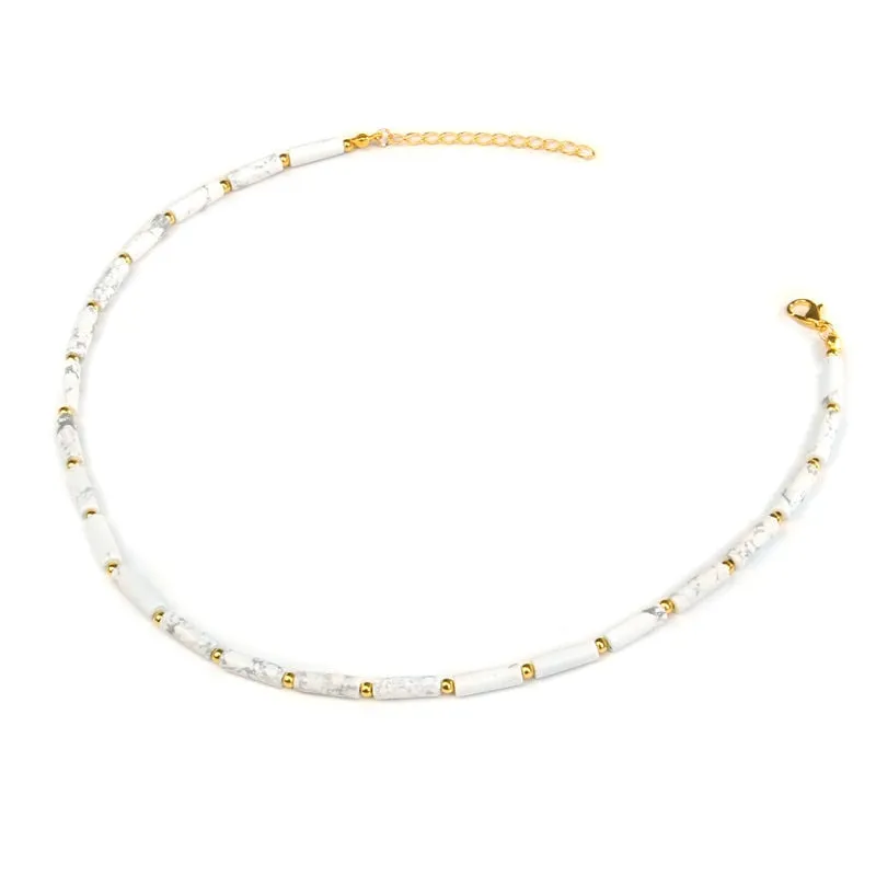 Natural Stone Cylinder Beads Necklace Gold Chain