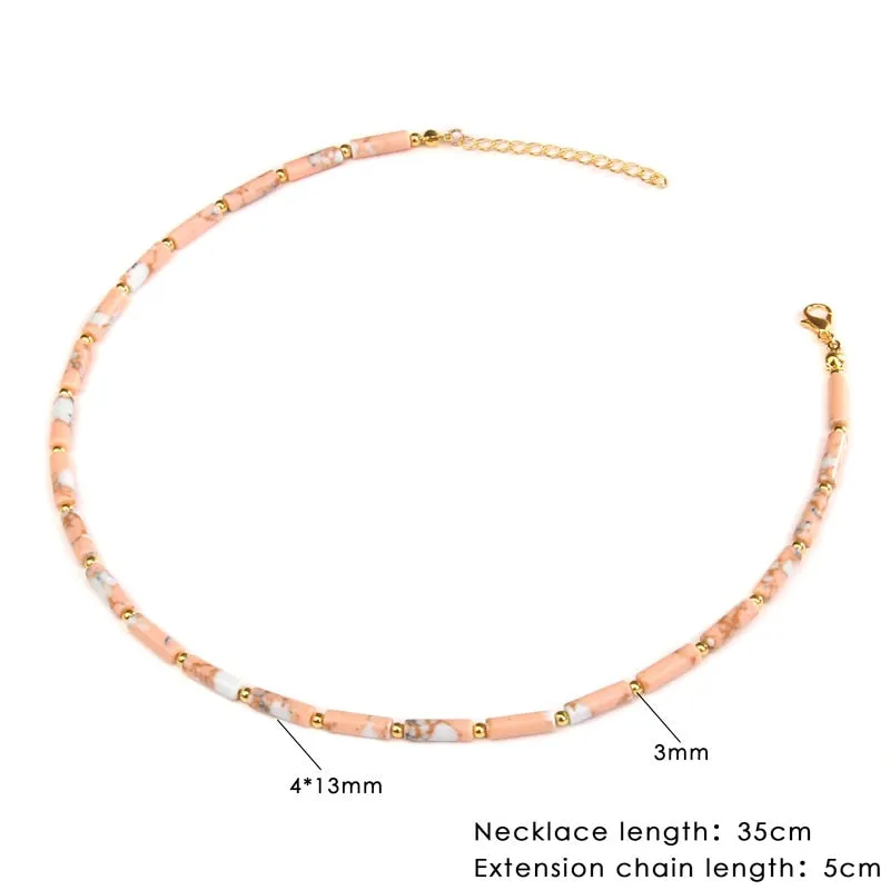Natural Stone Cylinder Beads Necklace Gold Chain