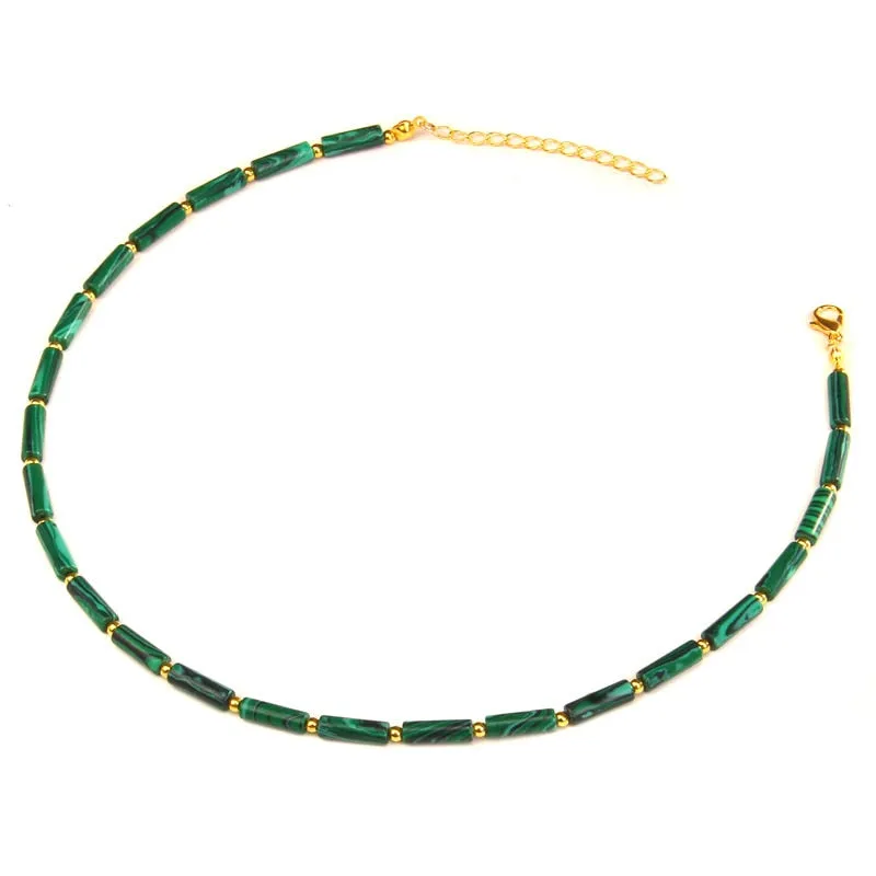 Natural Stone Cylinder Beads Necklace Gold Chain