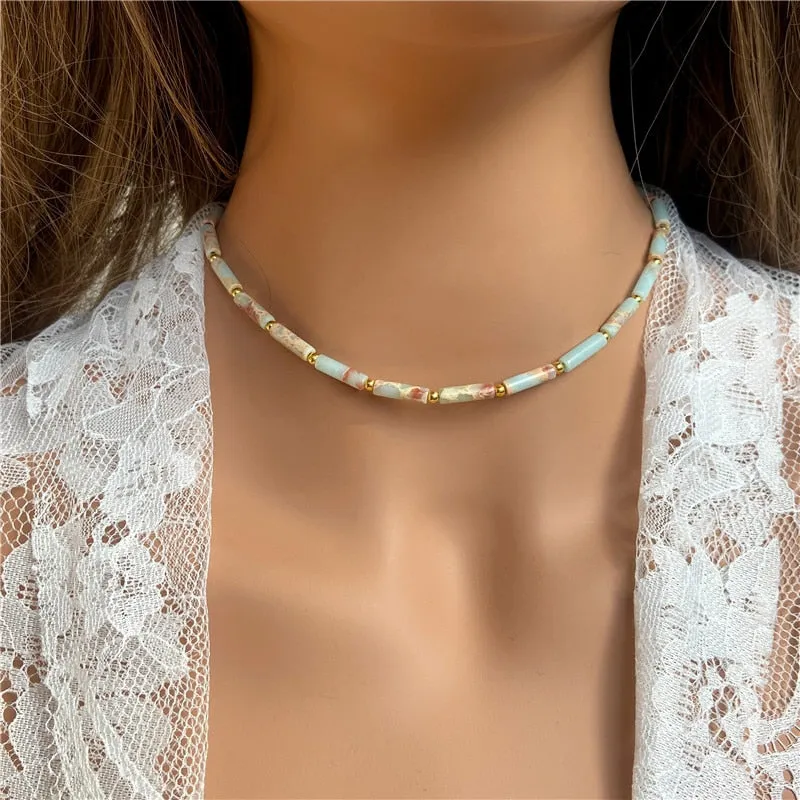 Natural Stone Cylinder Beads Necklace Gold Chain