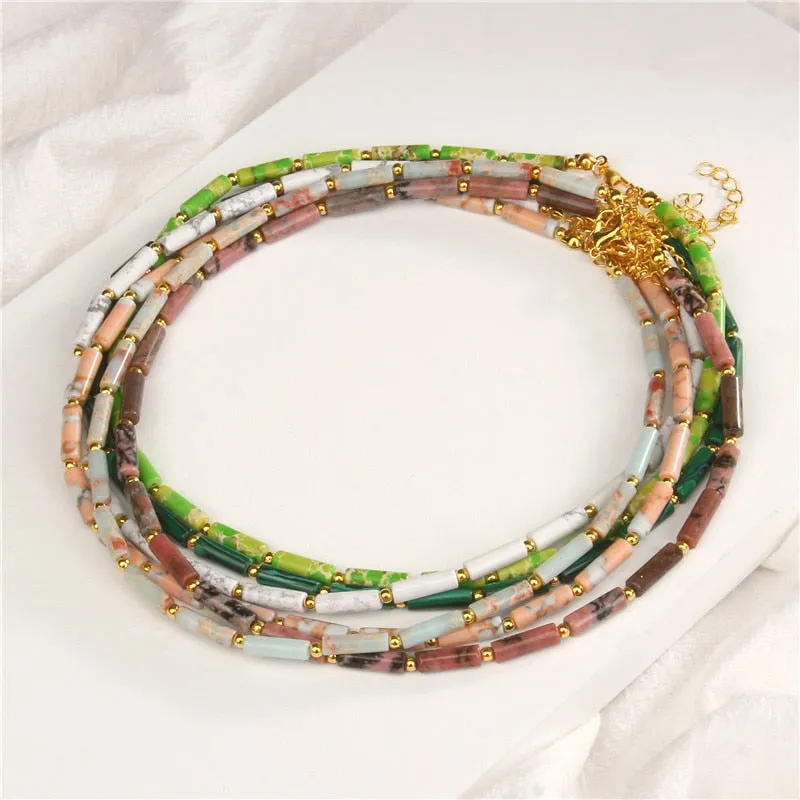Natural Stone Cylinder Beads Necklace Gold Chain