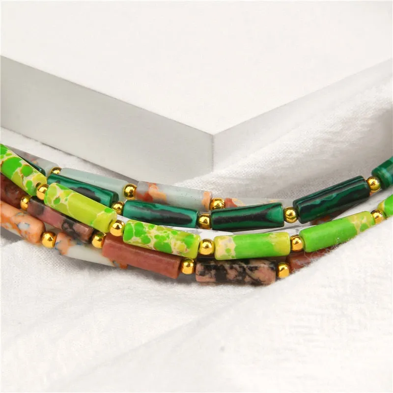 Natural Stone Cylinder Beads Necklace Gold Chain