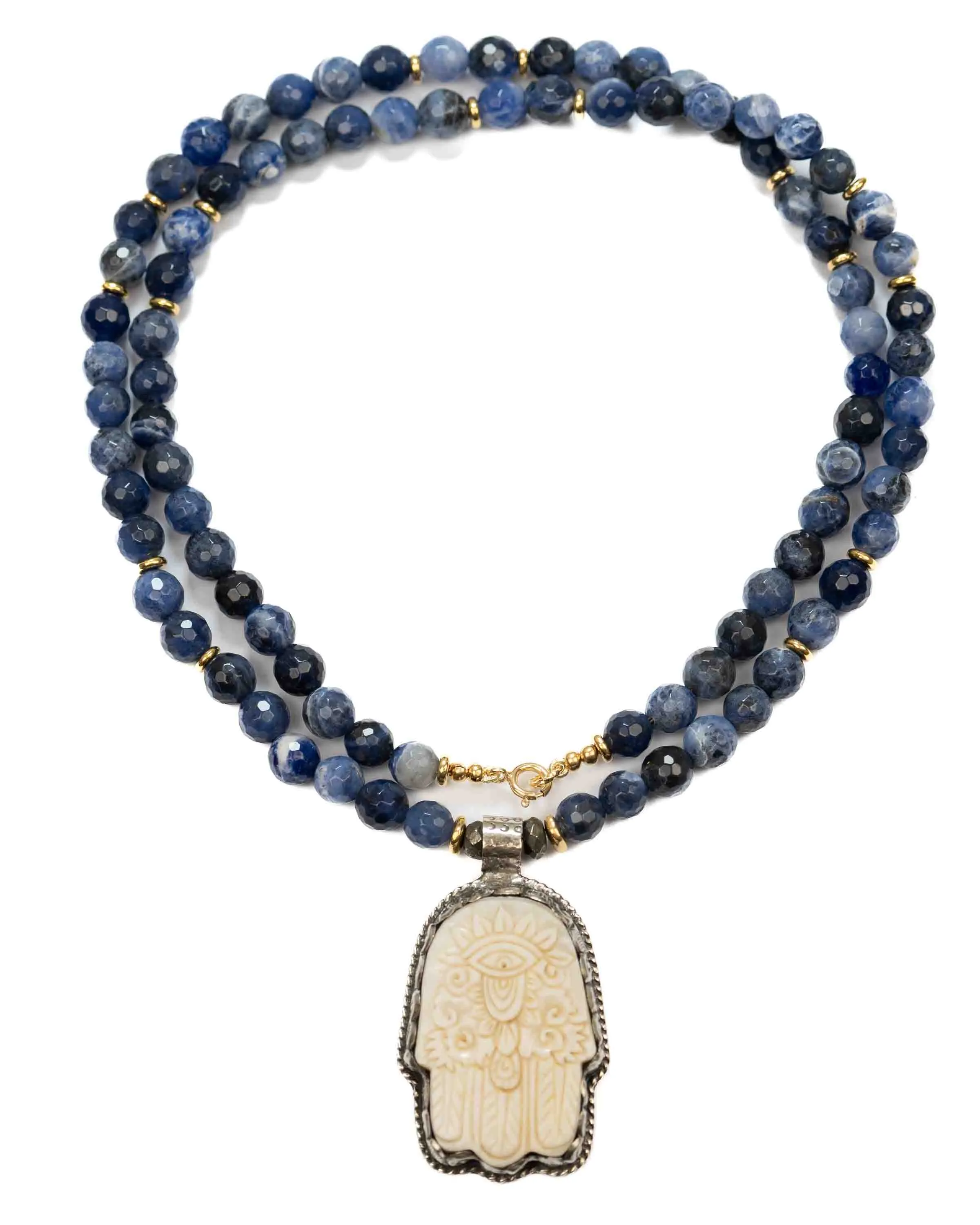 Nepali Hamsa Pendant Sodalite Gemstone Necklace