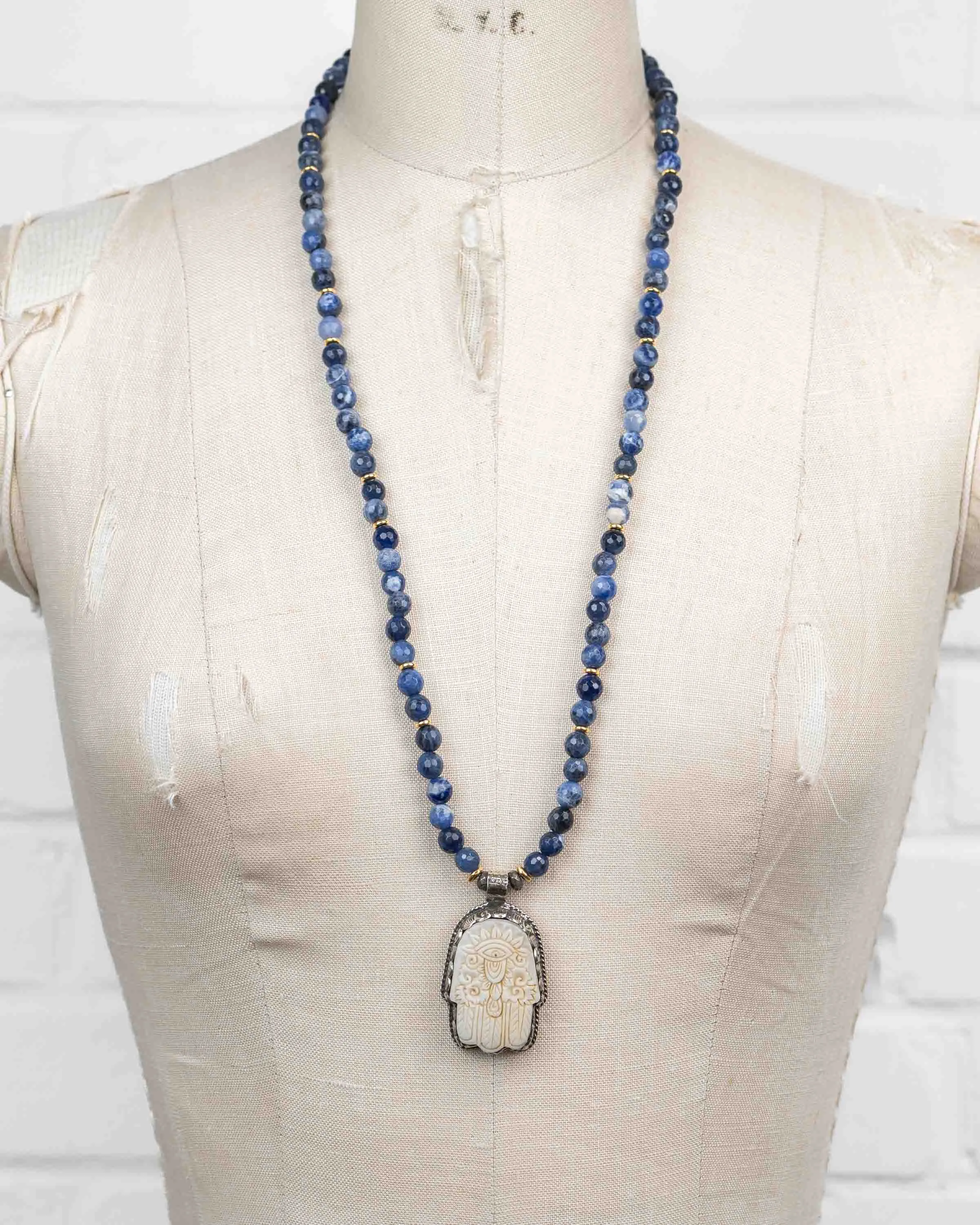 Nepali Hamsa Pendant Sodalite Gemstone Necklace