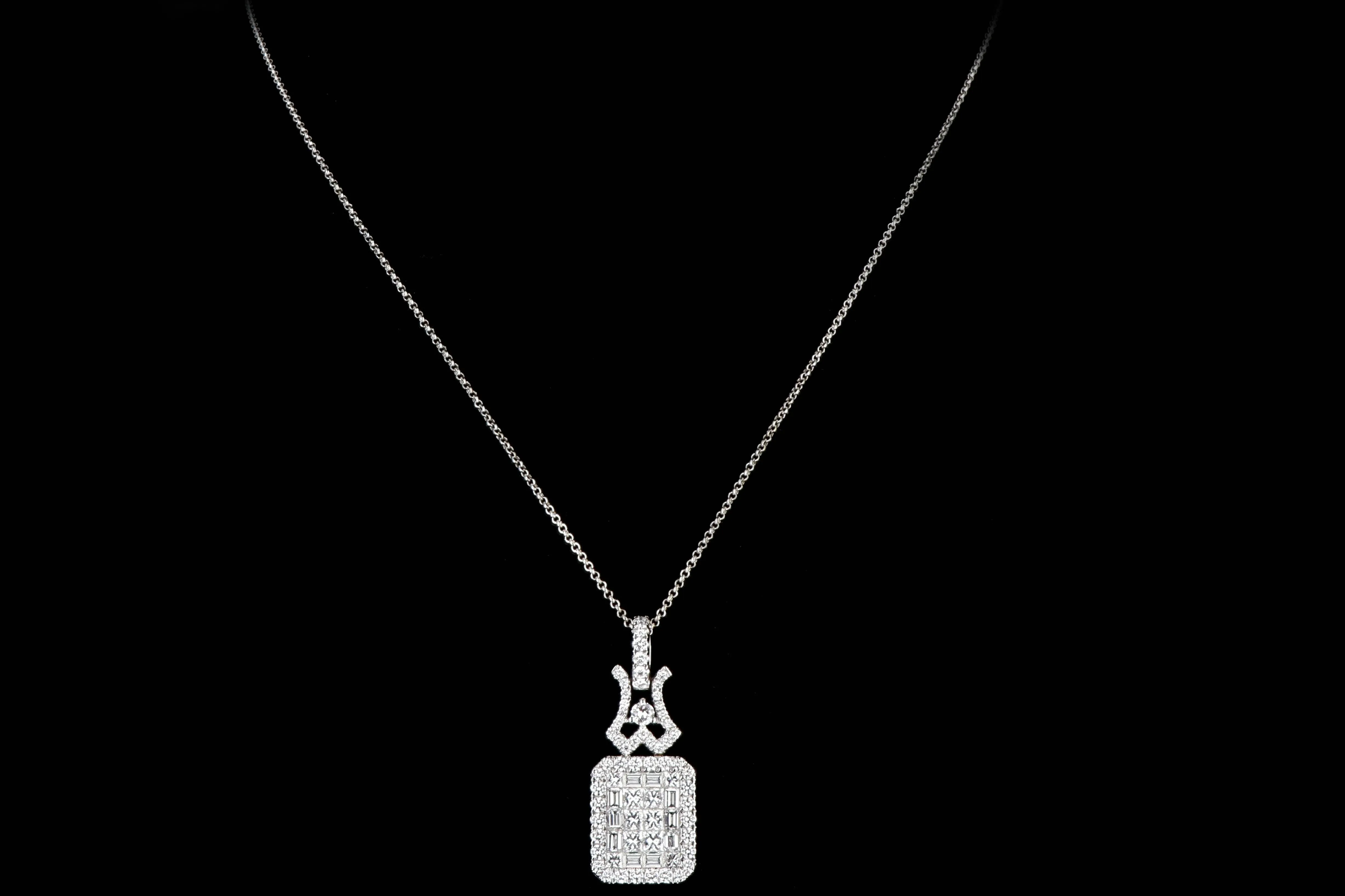 New 18K White Gold 2.2 Carats Princess, Baguette, and Round Cut Diamond Pendant Necklace