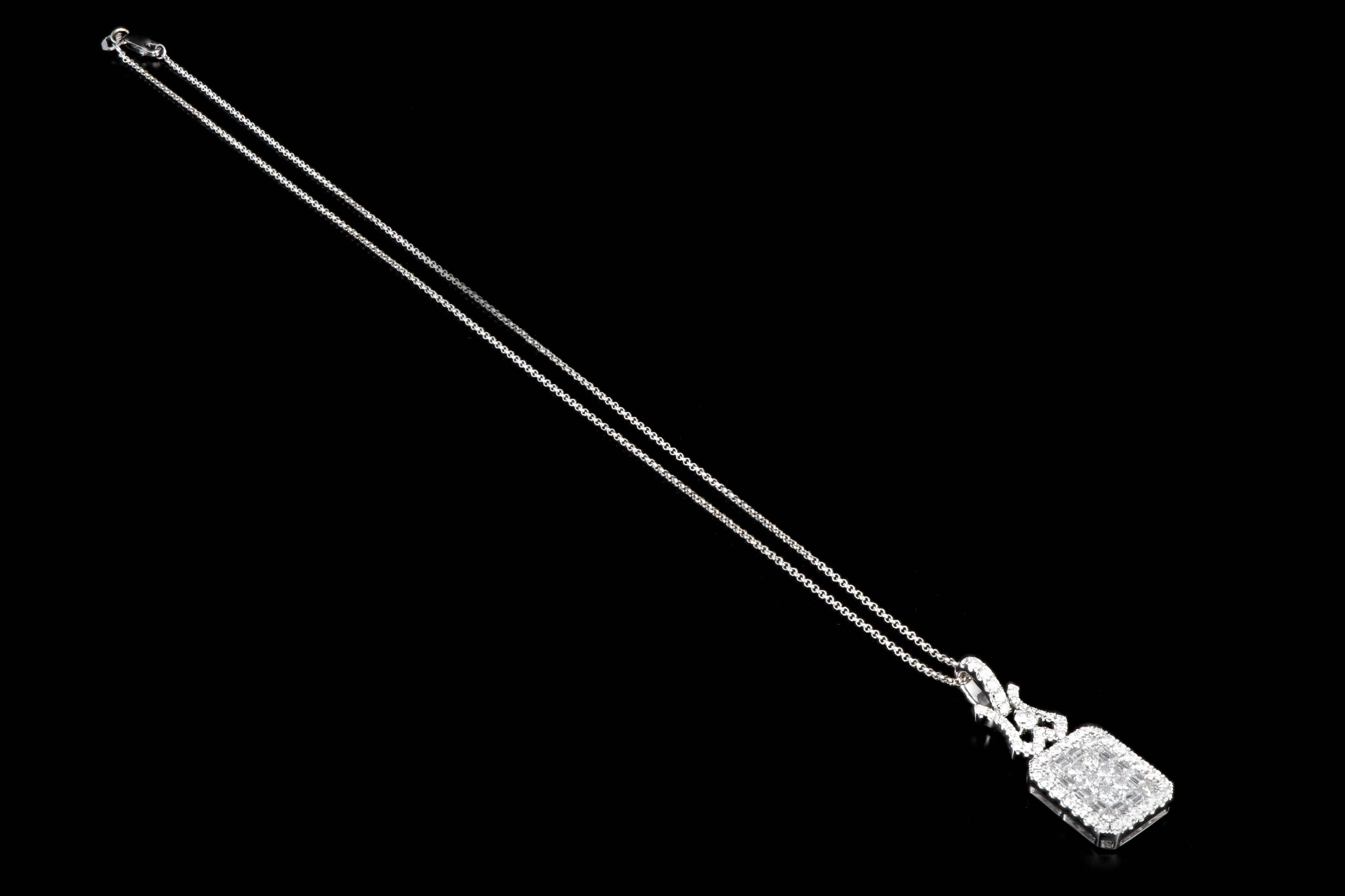 New 18K White Gold 2.2 Carats Princess, Baguette, and Round Cut Diamond Pendant Necklace