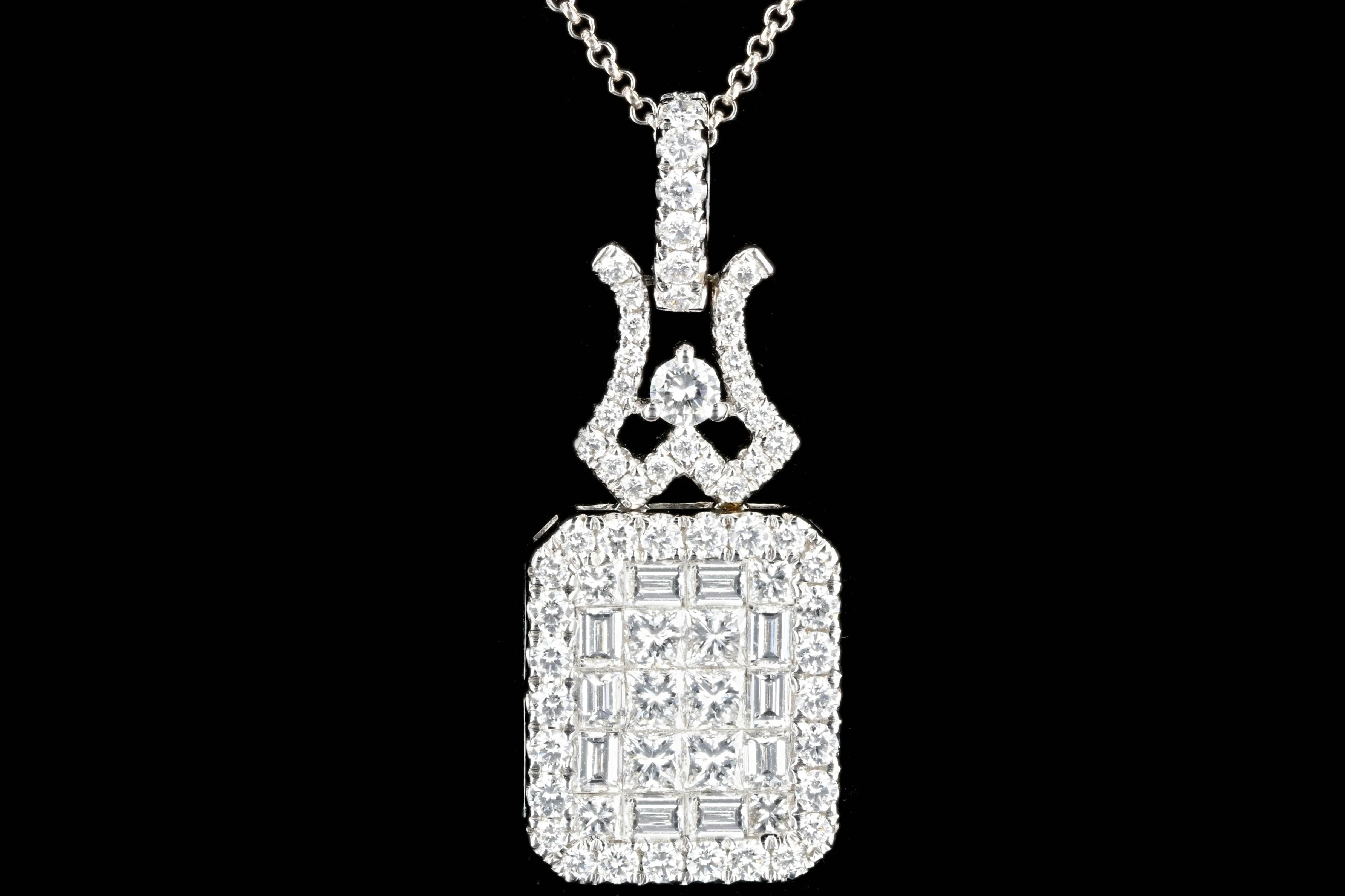 New 18K White Gold 2.2 Carats Princess, Baguette, and Round Cut Diamond Pendant Necklace