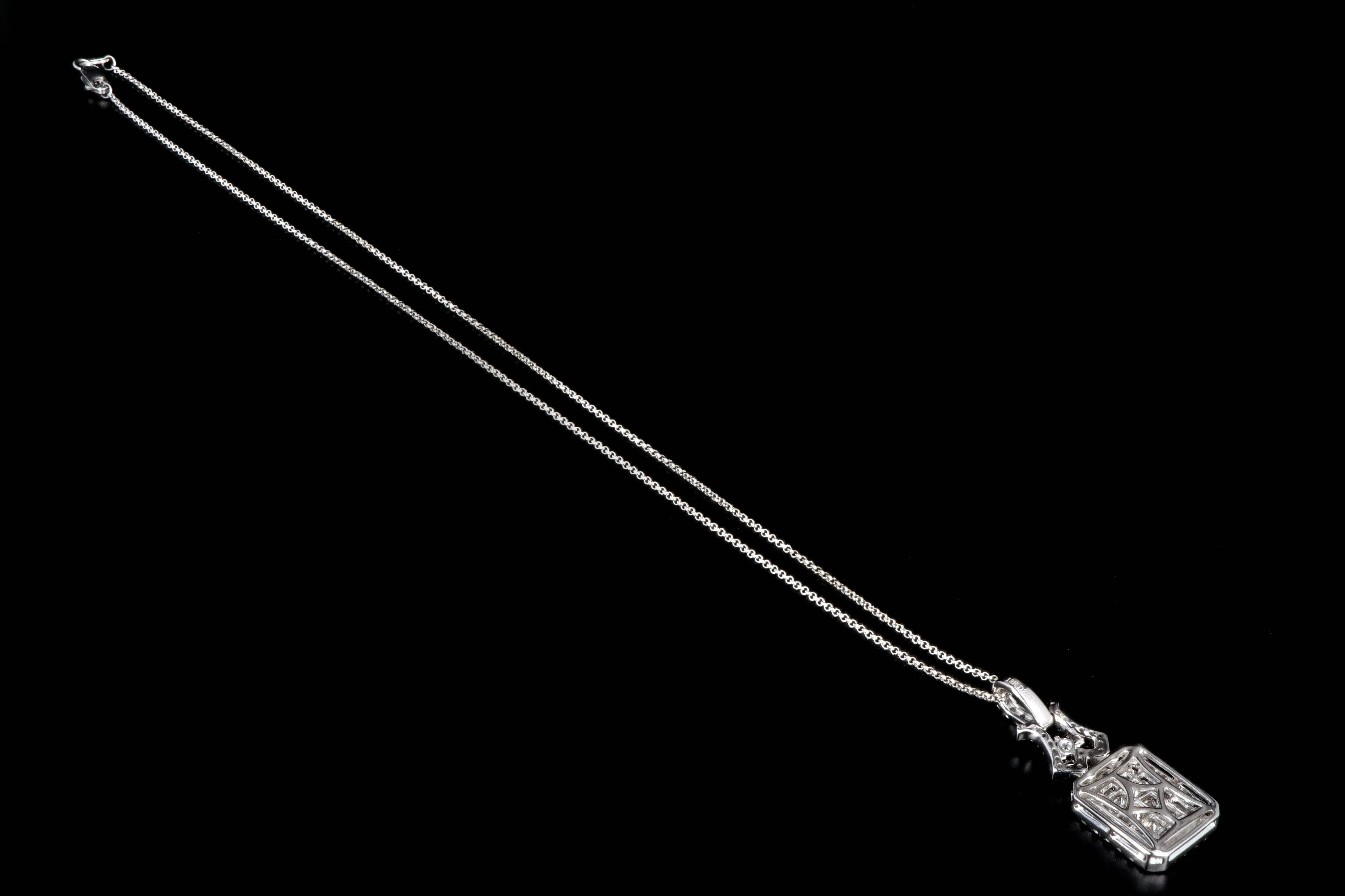 New 18K White Gold 2.2 Carats Princess, Baguette, and Round Cut Diamond Pendant Necklace