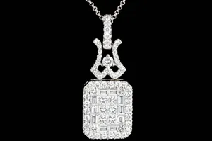 New 18K White Gold 2.2 Carats Princess, Baguette, and Round Cut Diamond Pendant Necklace