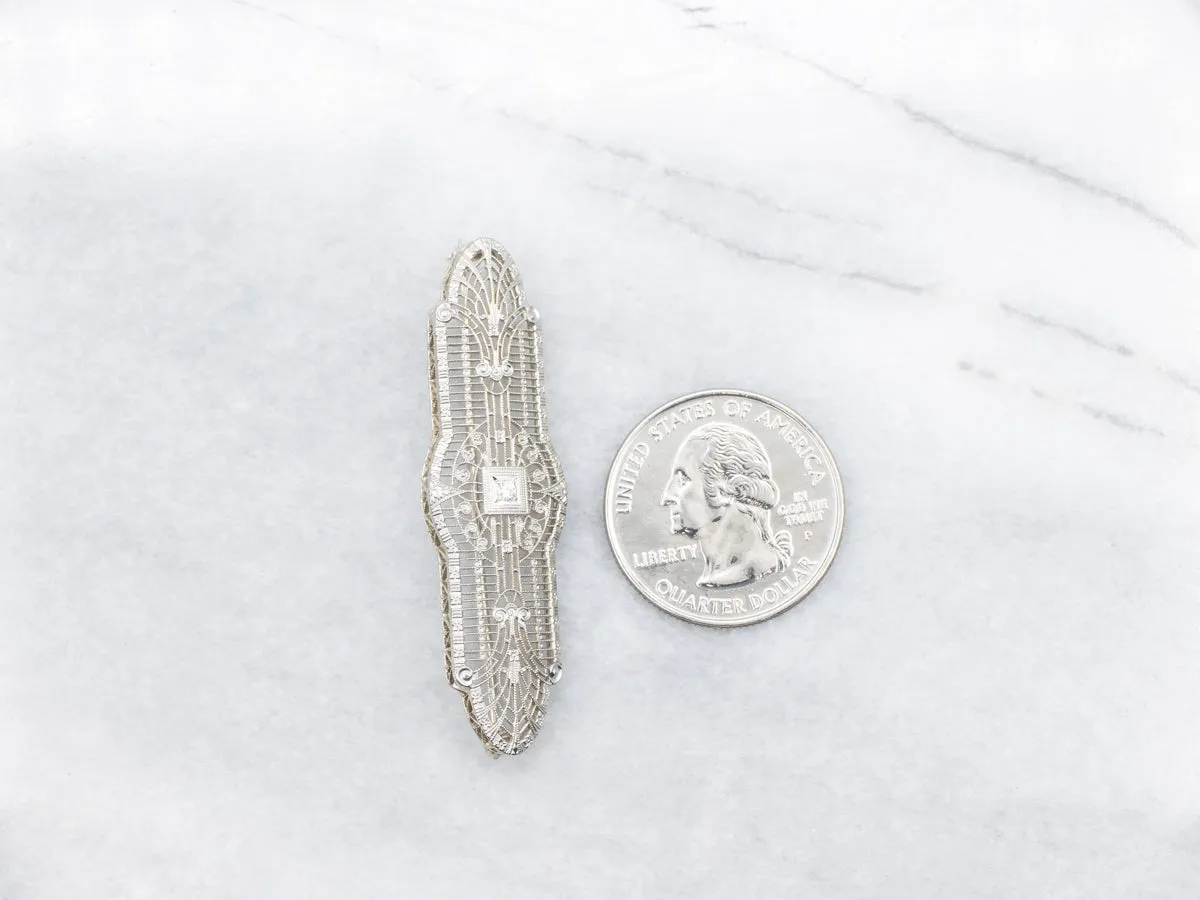 Outstanding Art Deco Filigree Brooch with Diamond Center