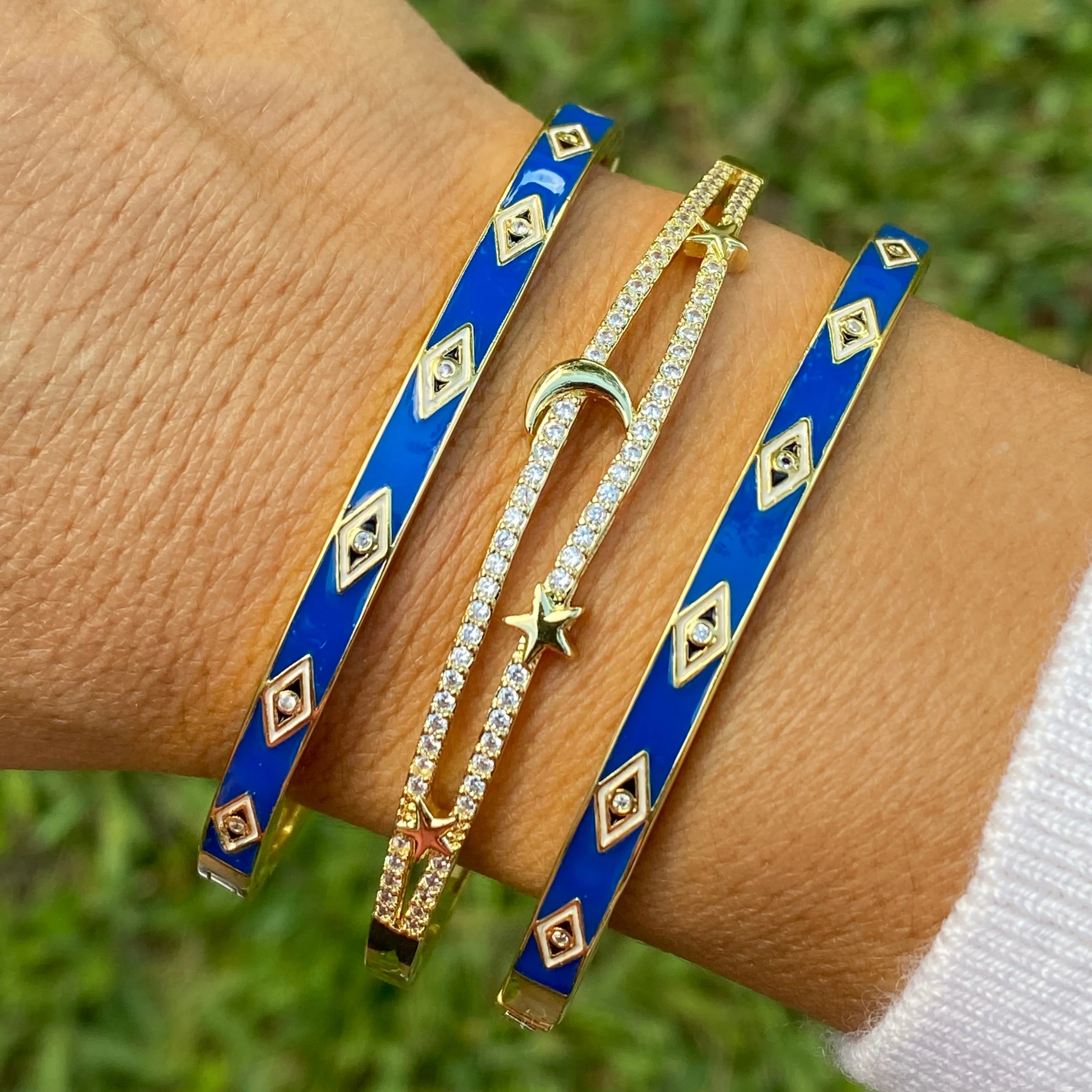 Pave CZ Moon and Star Cuff Bracelet - Gold