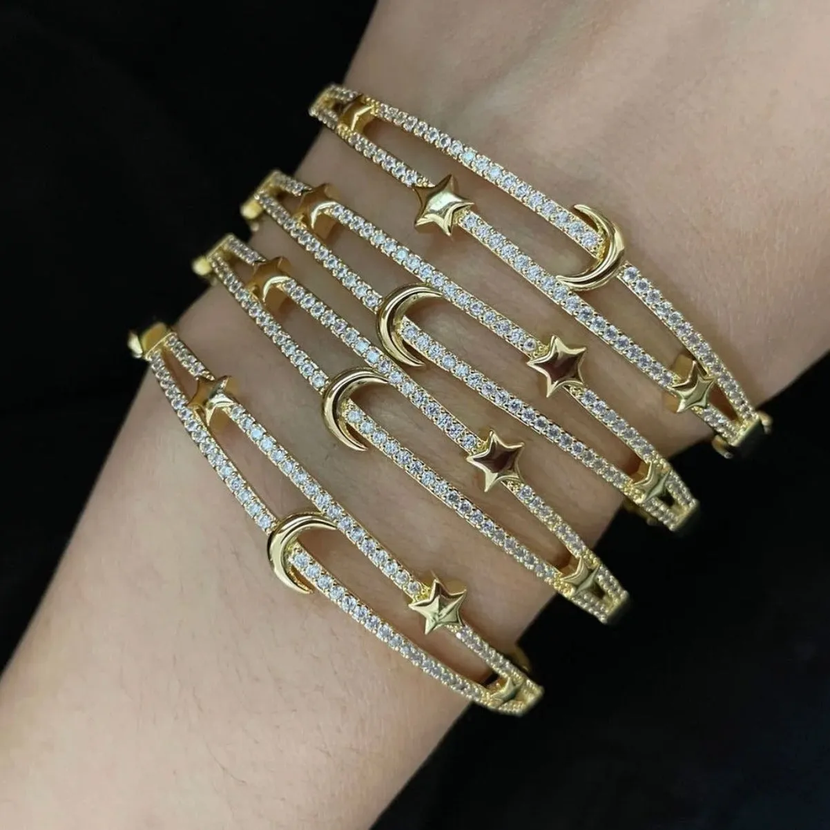 Pave CZ Moon and Star Cuff Bracelet - Gold