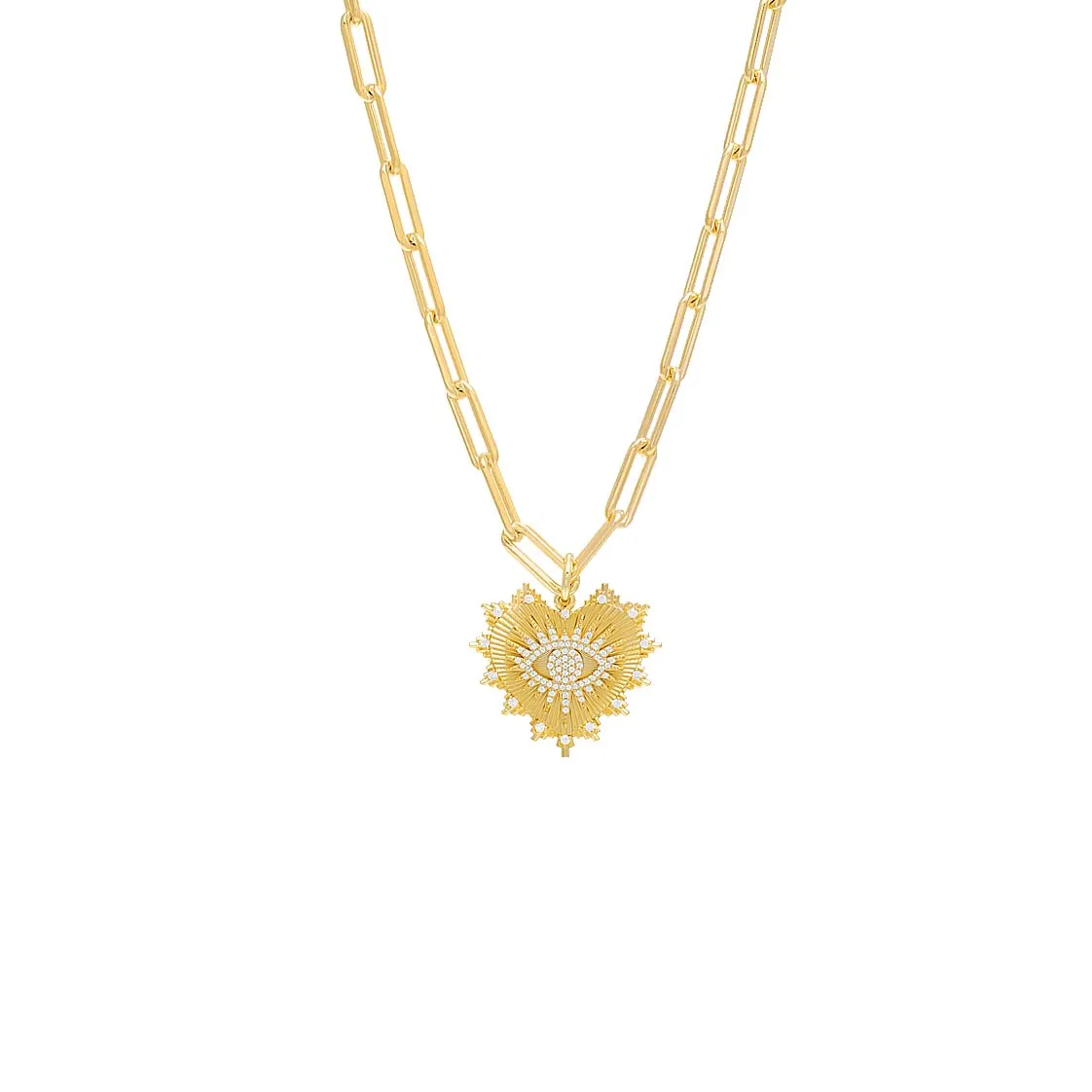 Pave Evil Eye Heart Medallion Paperclip Necklace
