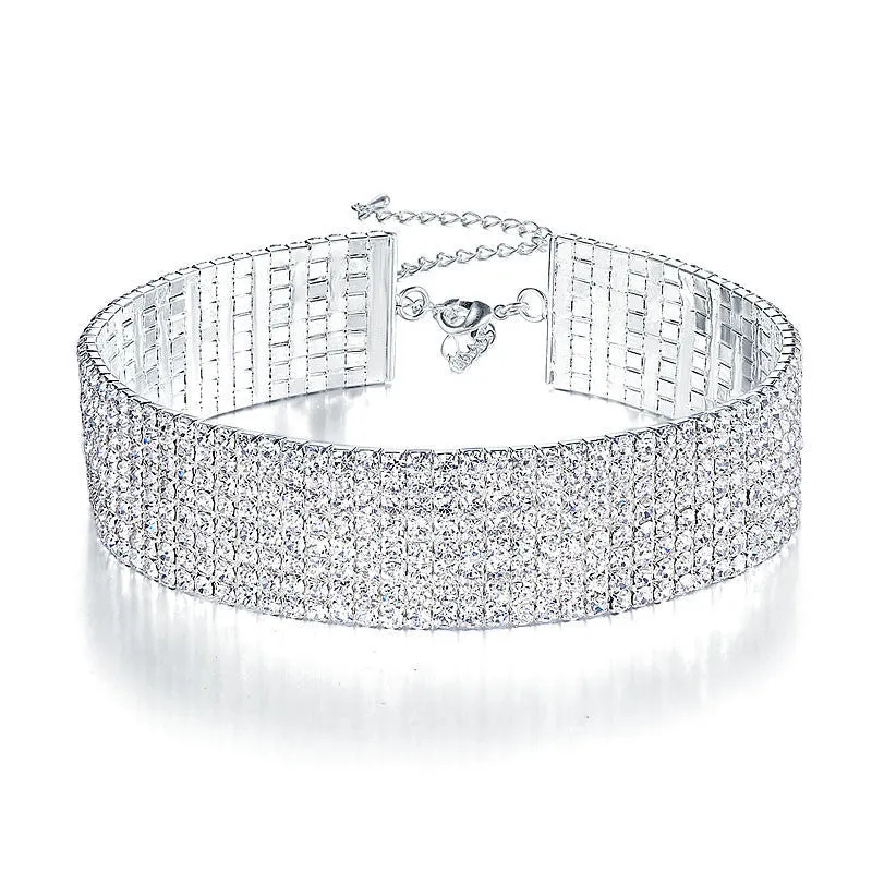 Peacock Star Trendy Wedding Party Prom Choker Necklace 8 Row Stretch Crystal Rhinestone w/ Elastic Cord Pageant CC018