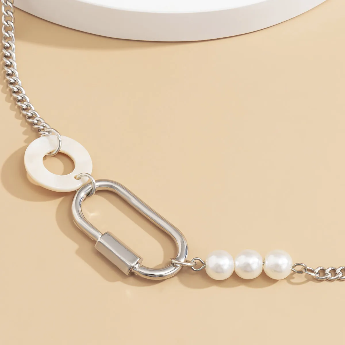 Pearl & Acrylic Silver-Plated Carabiner Choker Necklace