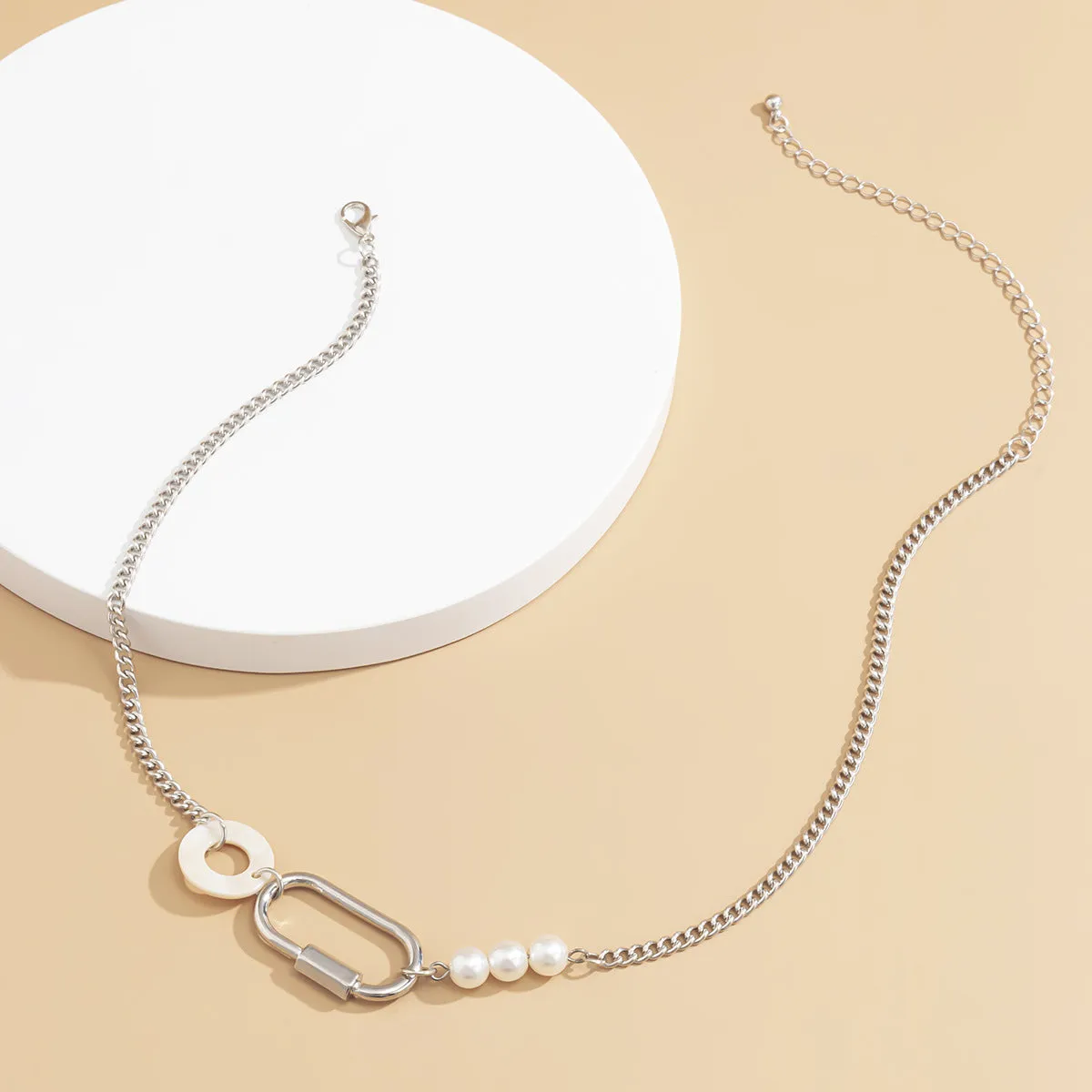 Pearl & Acrylic Silver-Plated Carabiner Choker Necklace
