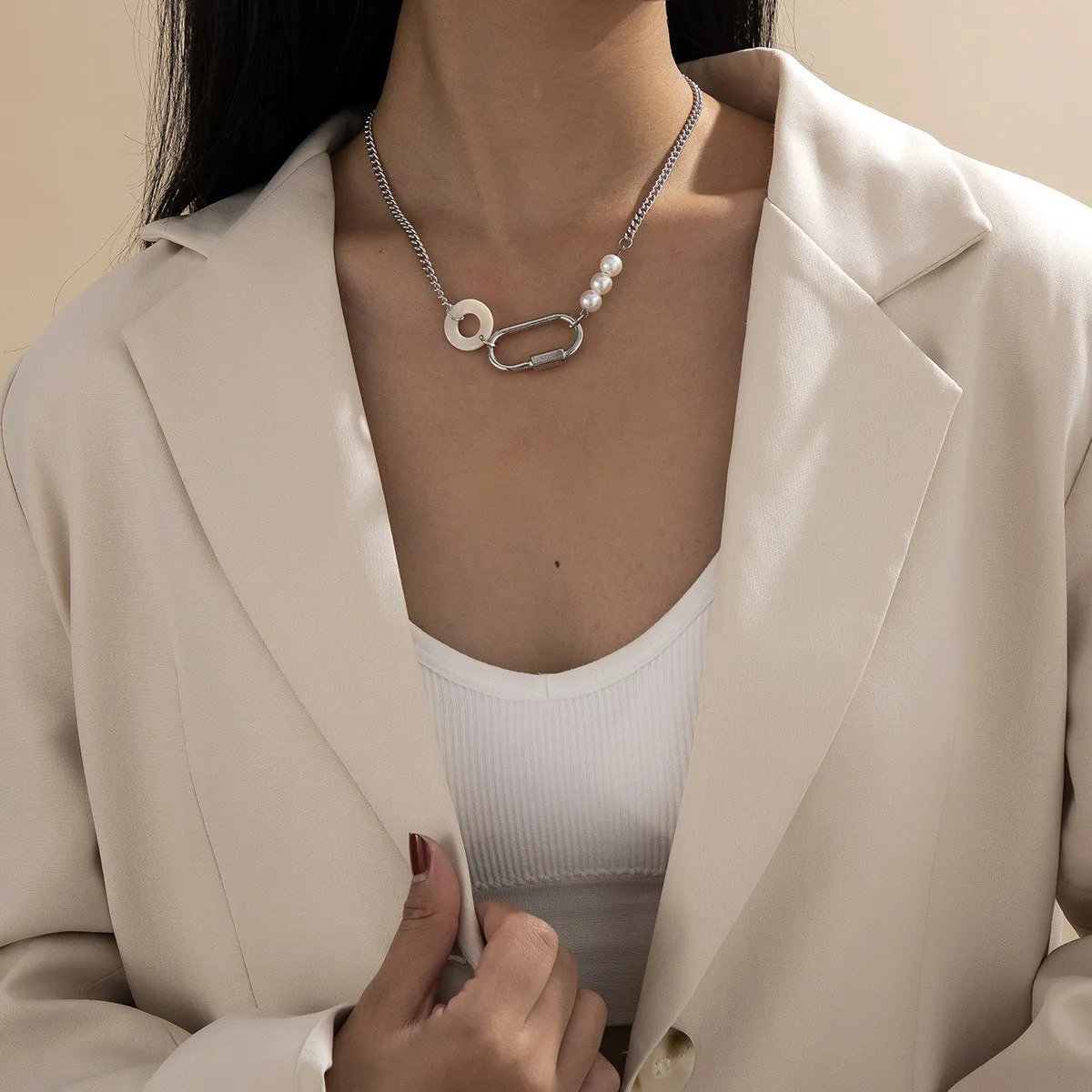 Pearl & Acrylic Silver-Plated Carabiner Choker Necklace