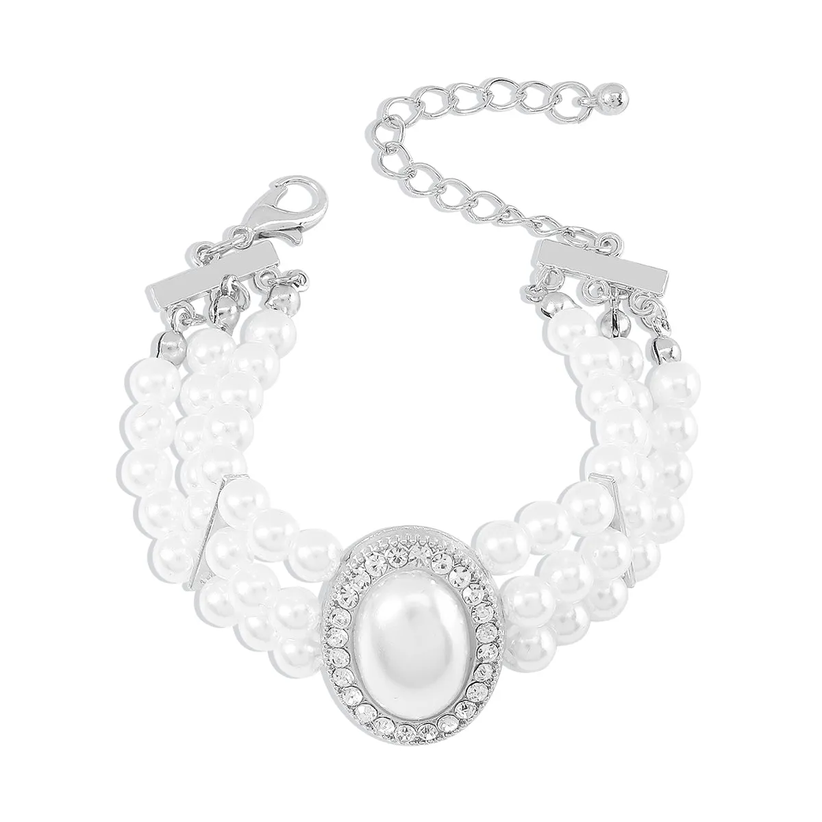 Pearl & Cubic Zirconia Silver-Plated Oval Layered Bracelet
