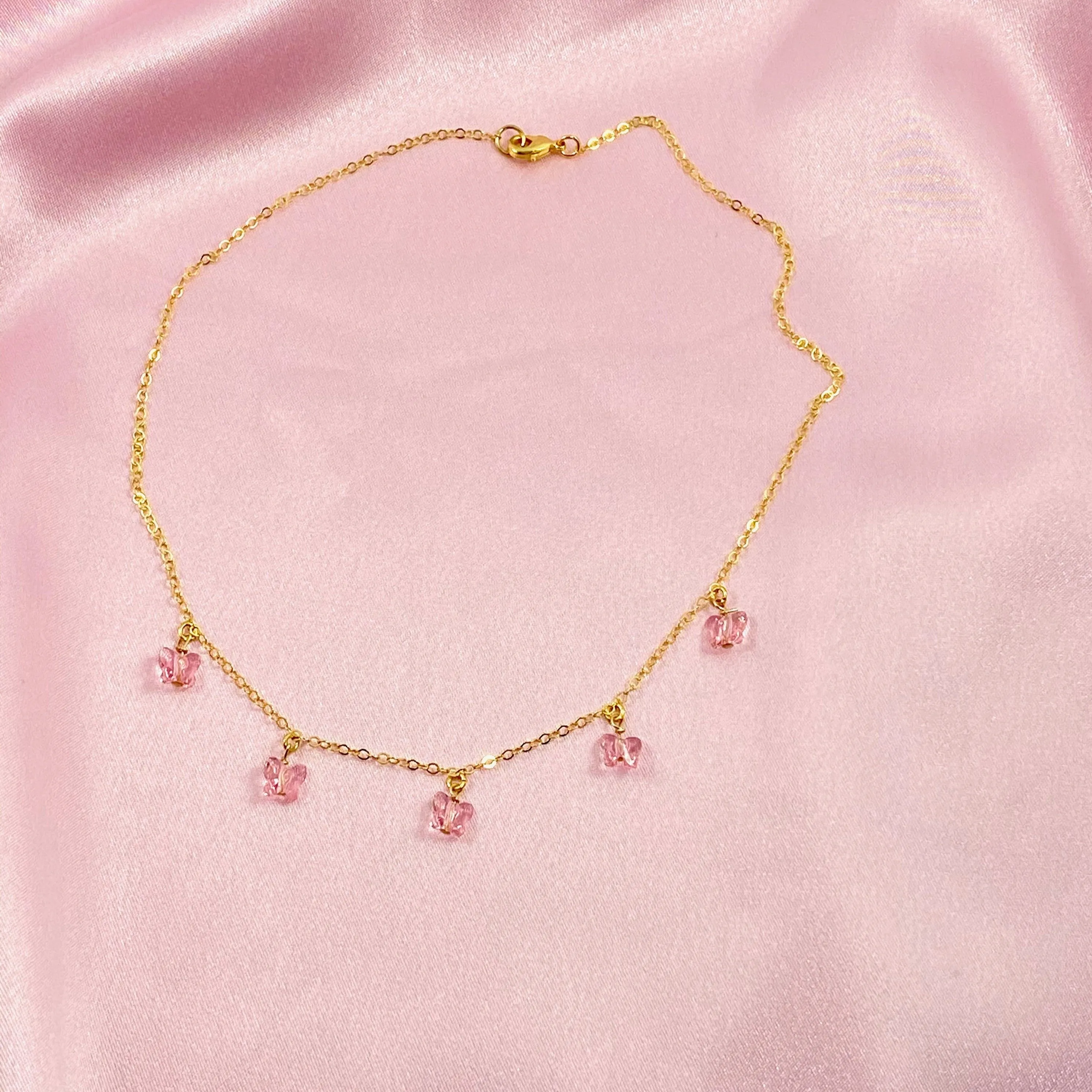 Pink Butterfly Choker 14K Gold Necklace