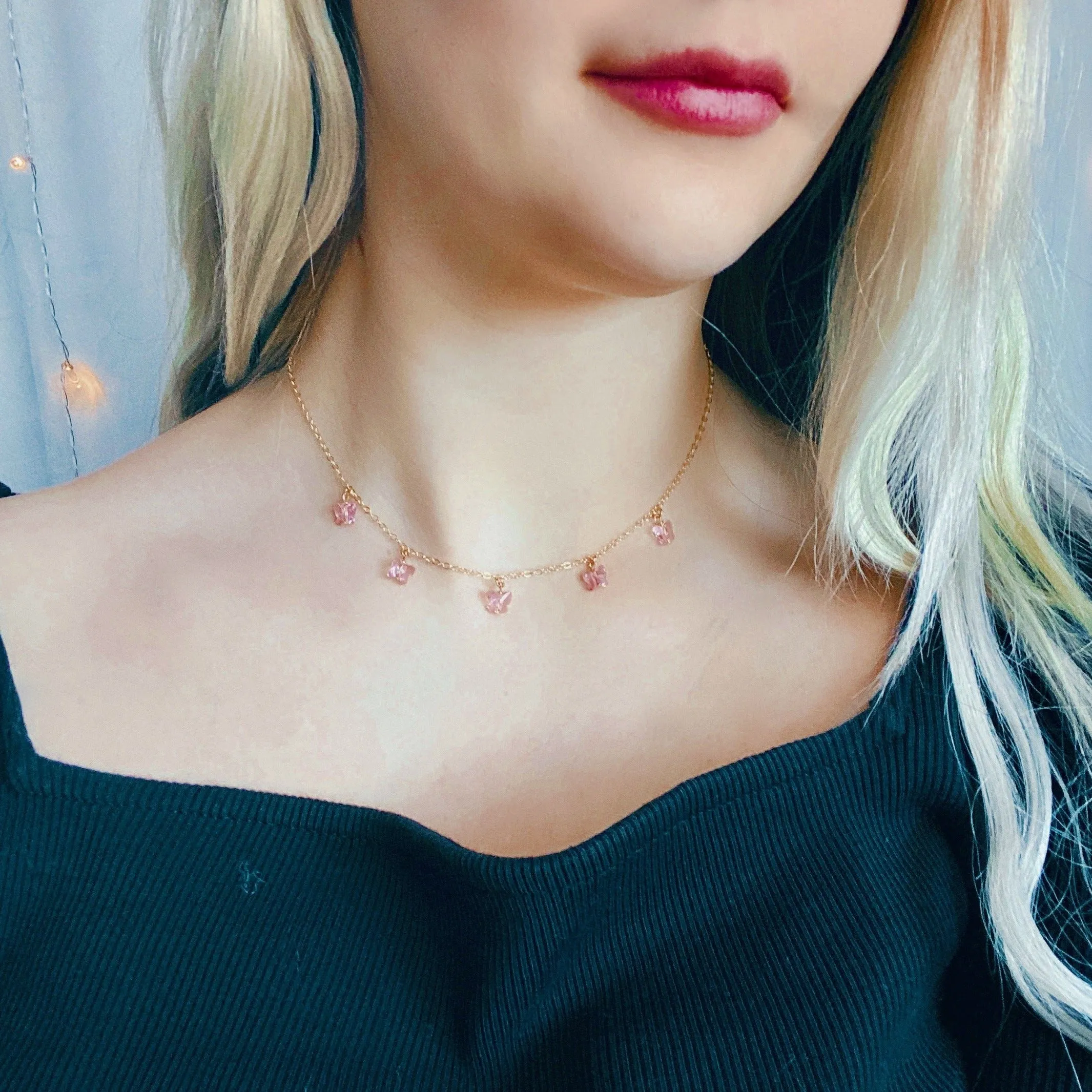 Pink Butterfly Choker 14K Gold Necklace