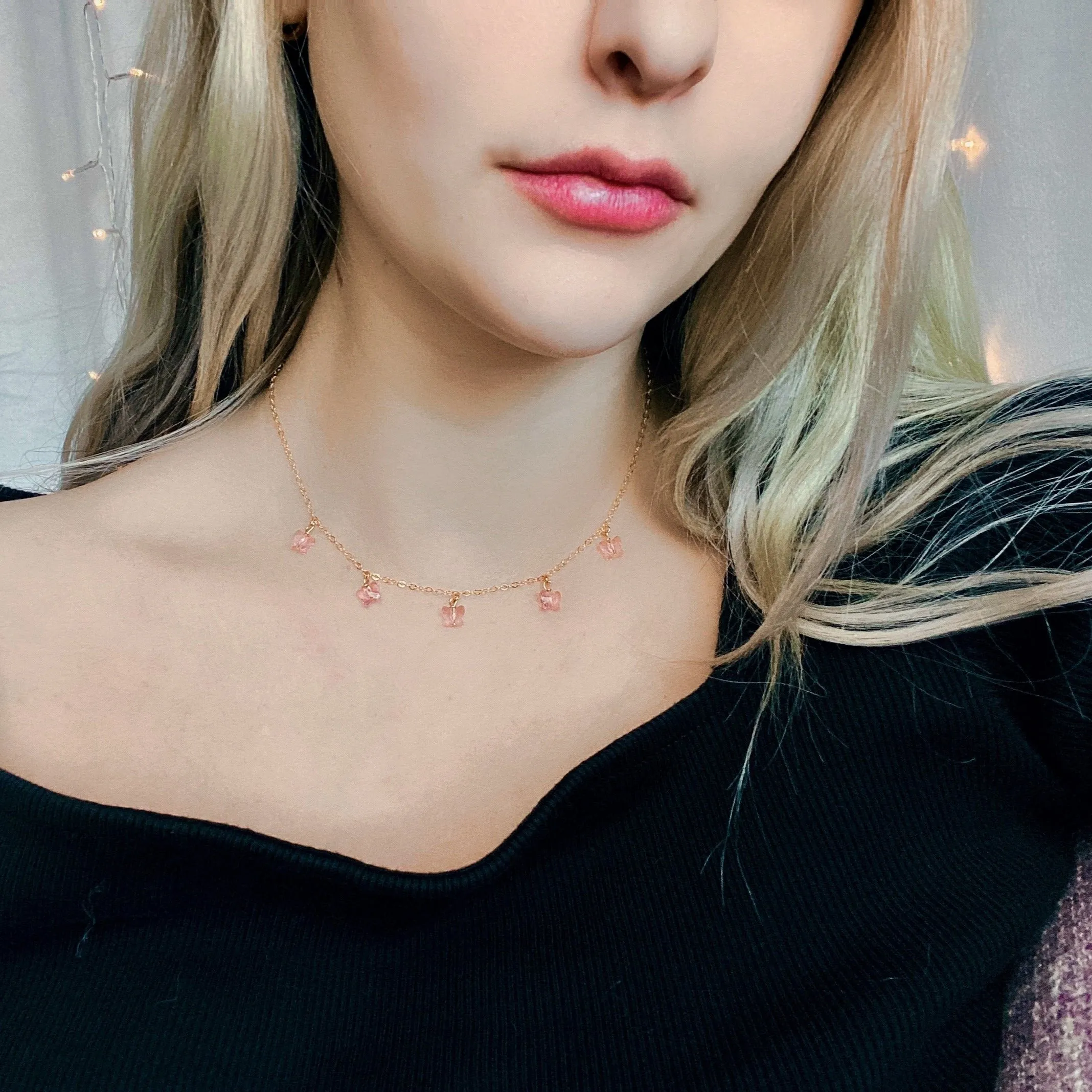 Pink Butterfly Choker 14K Gold Necklace
