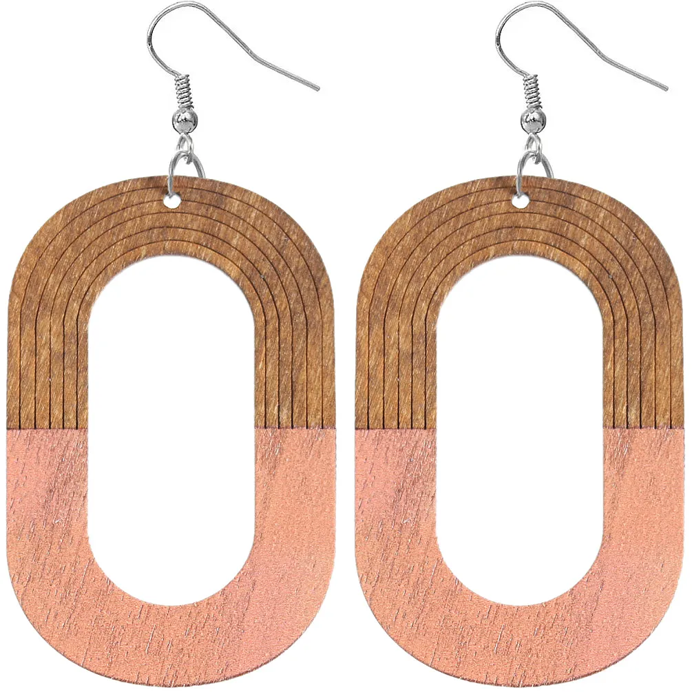 Pink Oval Wooden Dangle Earrings