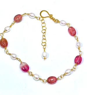 Pink Tourmaline and Pearl Gold Fill Wire Wrapped Bracelet Adjustable