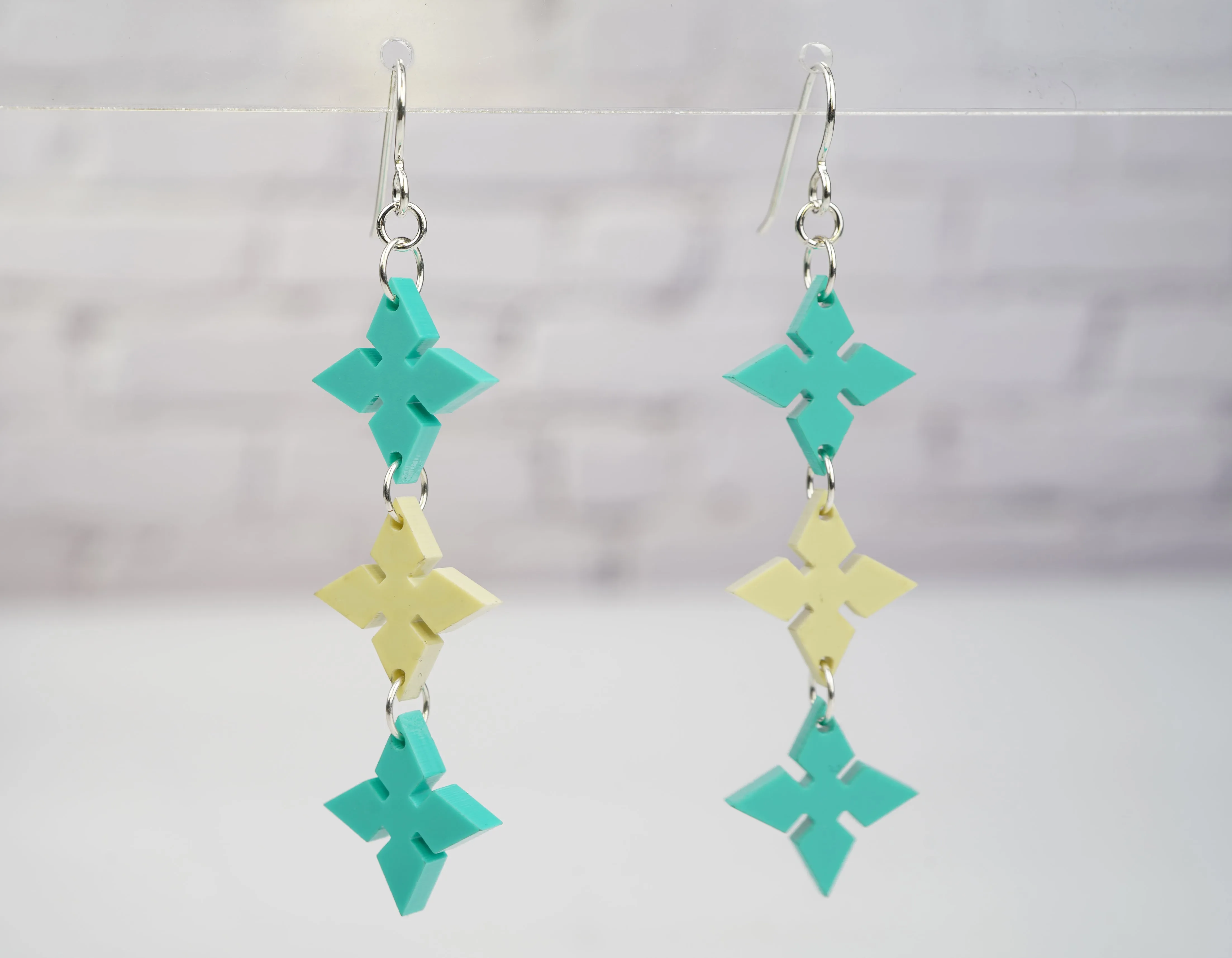Pointed Diamond Dangle Earrings- Teal and Pale Yellow