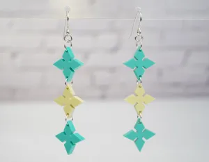 Pointed Diamond Dangle Earrings- Teal and Pale Yellow