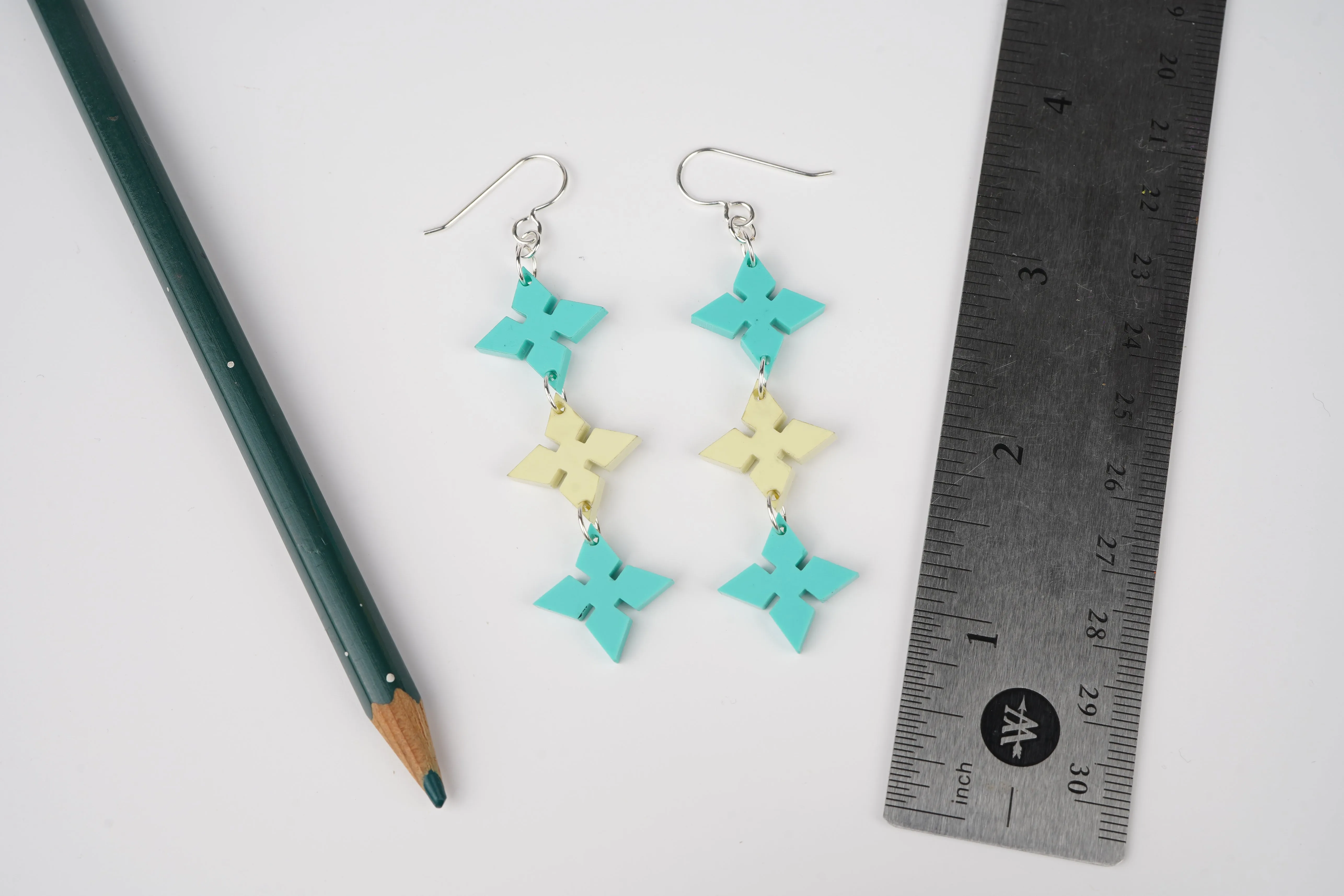 Pointed Diamond Dangle Earrings- Teal and Pale Yellow