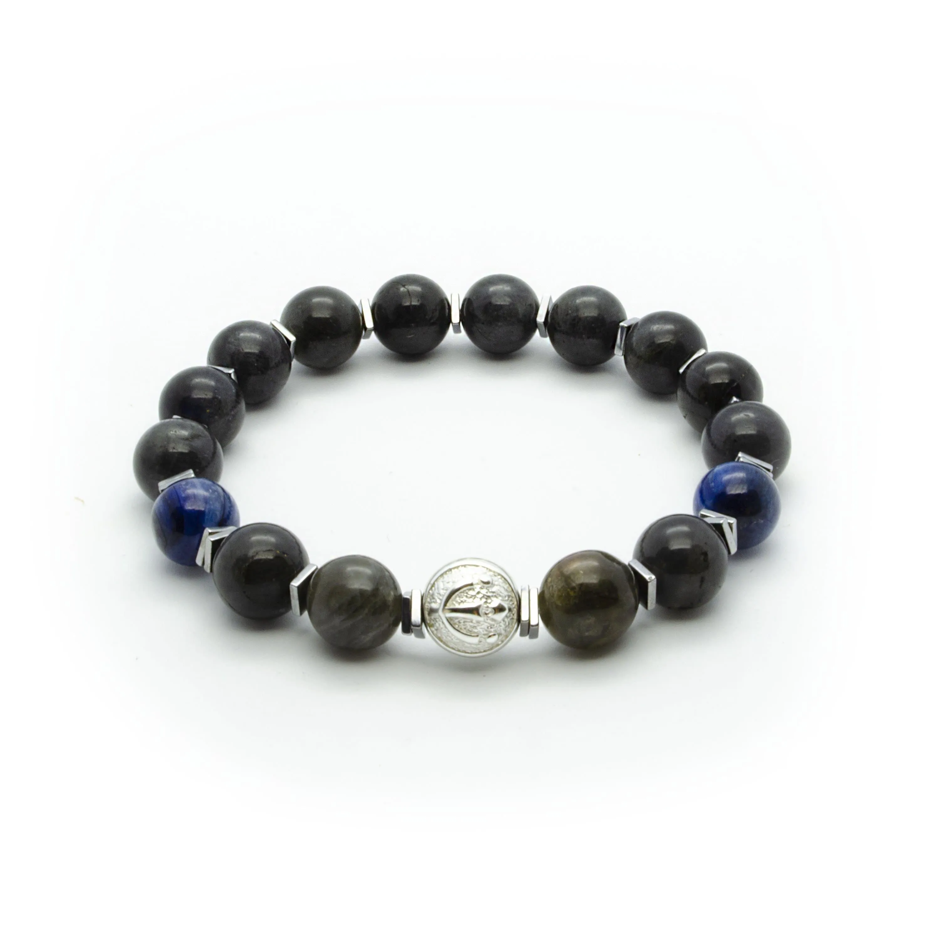 Premium Black Labradorite Stretch Bracelet With Blue Kyanite in Silver | 10MM