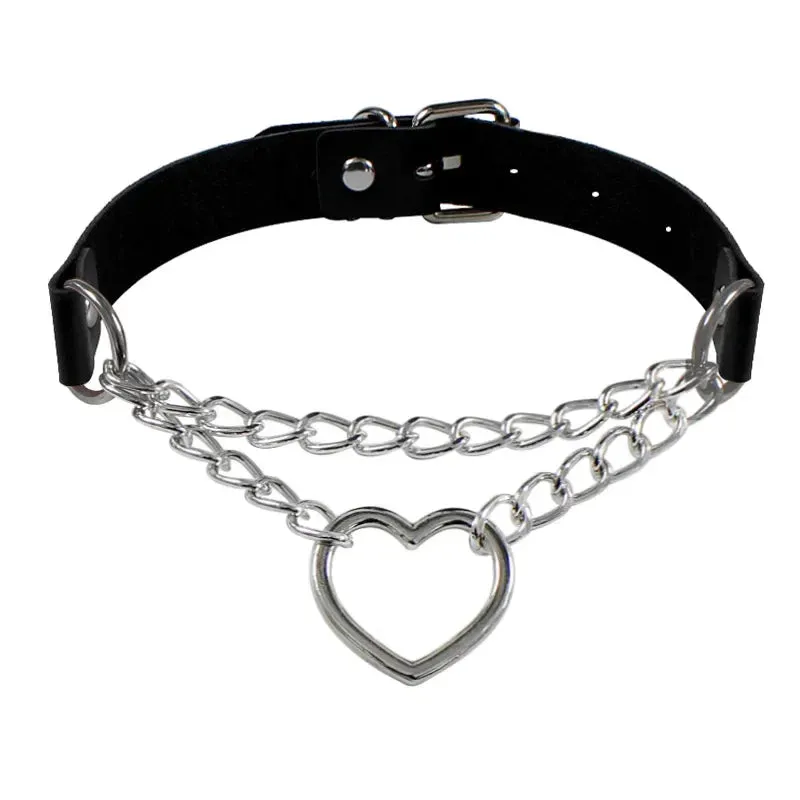 Punk Rock Gothic PU Leather Necklace Heart Round Spike Rivet Collar Studded Choker Chain Necklace