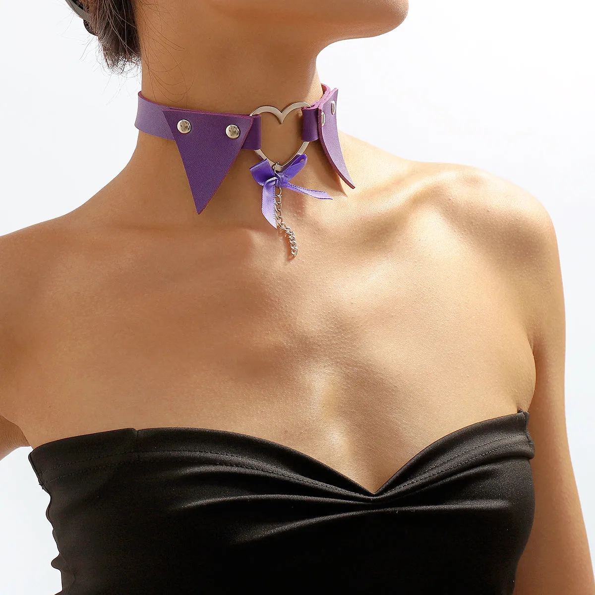 Purple Polystyrene & Silver-Plated Heart Choker Necklace