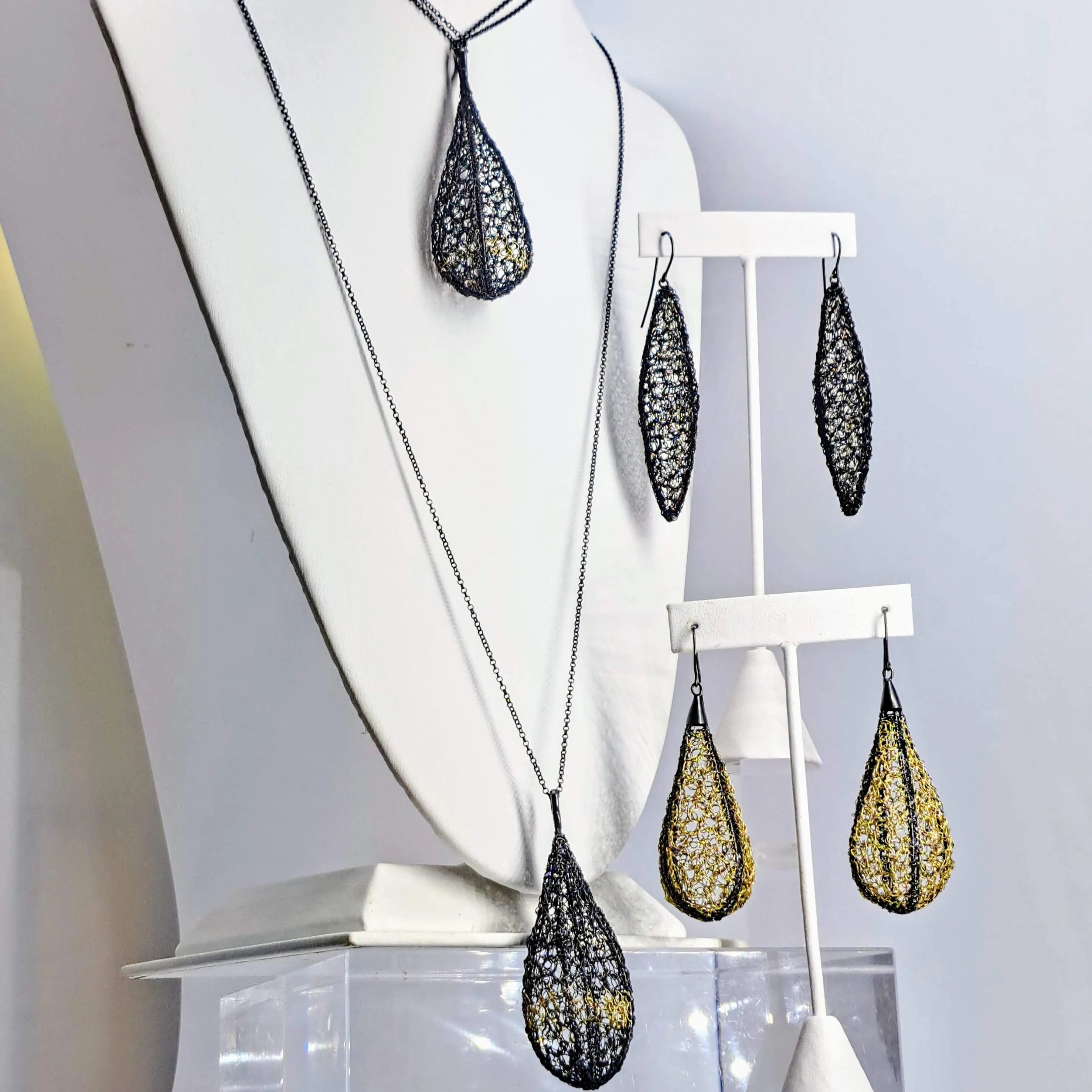 "Cocoon Spindles" 3.5" Earrings - Crocheted Black Sterling, Gold Accents