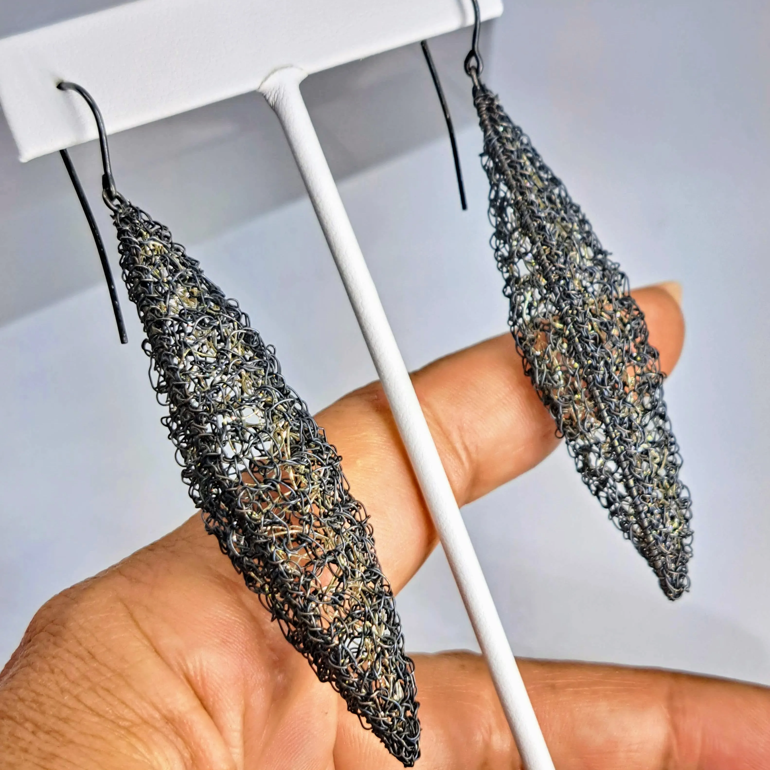 "Cocoon Spindles" 3.5" Earrings - Crocheted Black Sterling, Gold Accents
