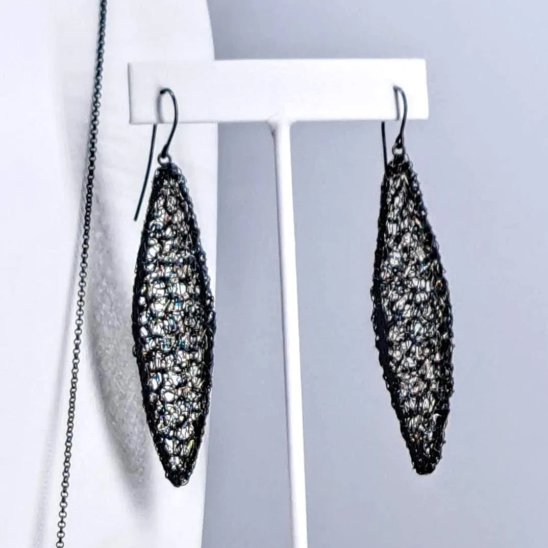 "Cocoon Spindles" 3.5" Earrings - Crocheted Black Sterling, Gold Accents