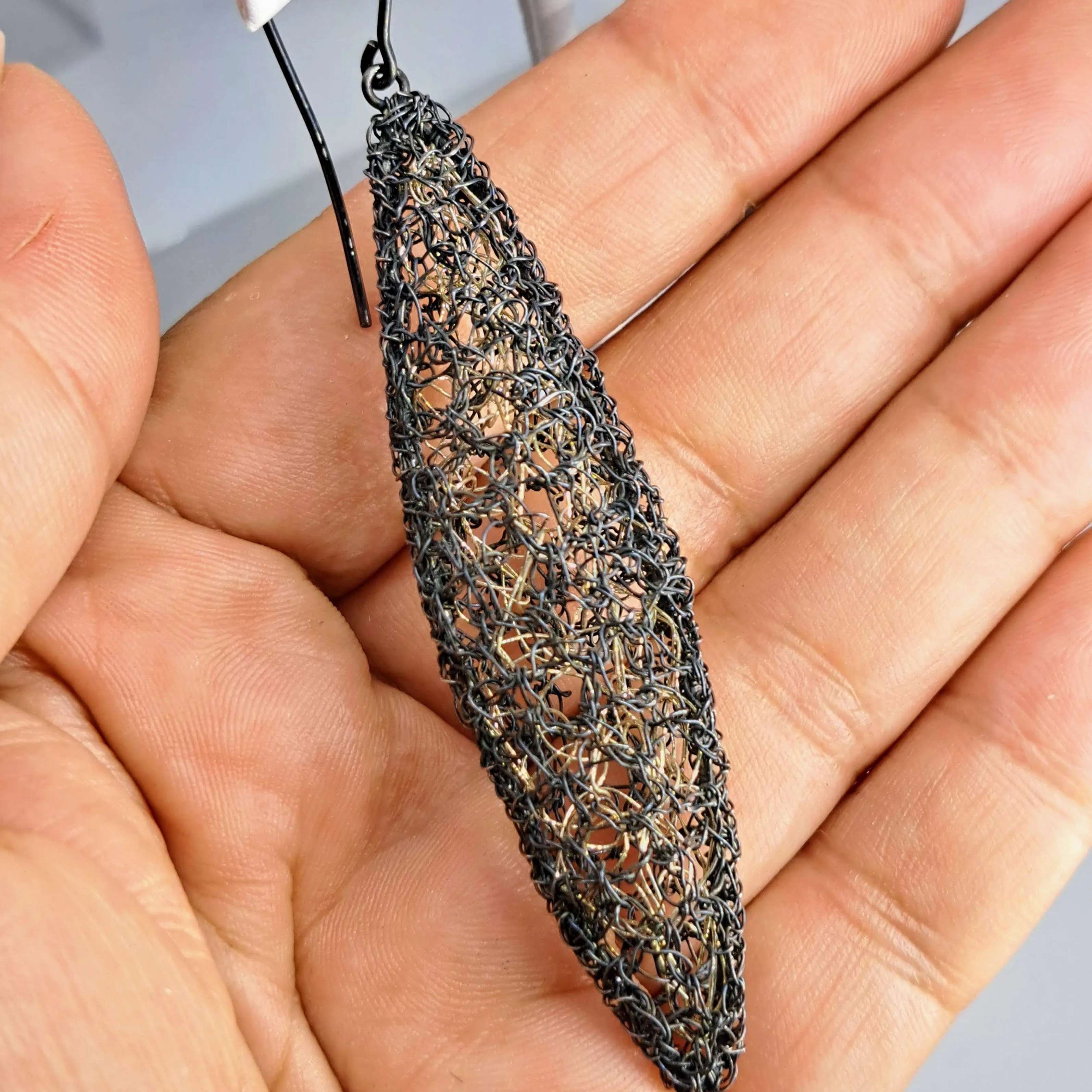 "Cocoon Spindles" 3.5" Earrings - Crocheted Black Sterling, Gold Accents