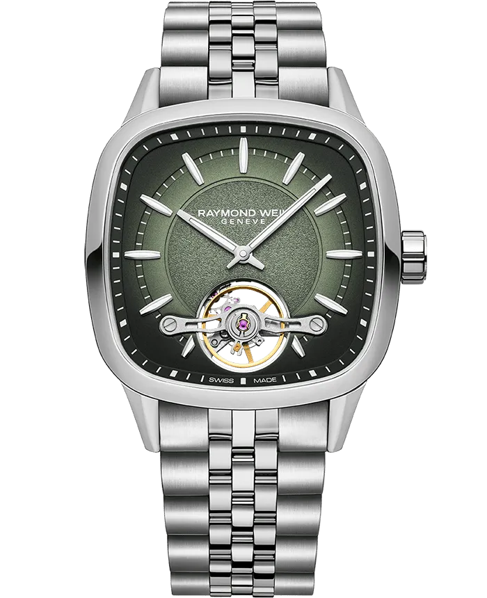 Raymond Weil Freelancer Calibre RW1212 Square Open Heart Green on Bracelet